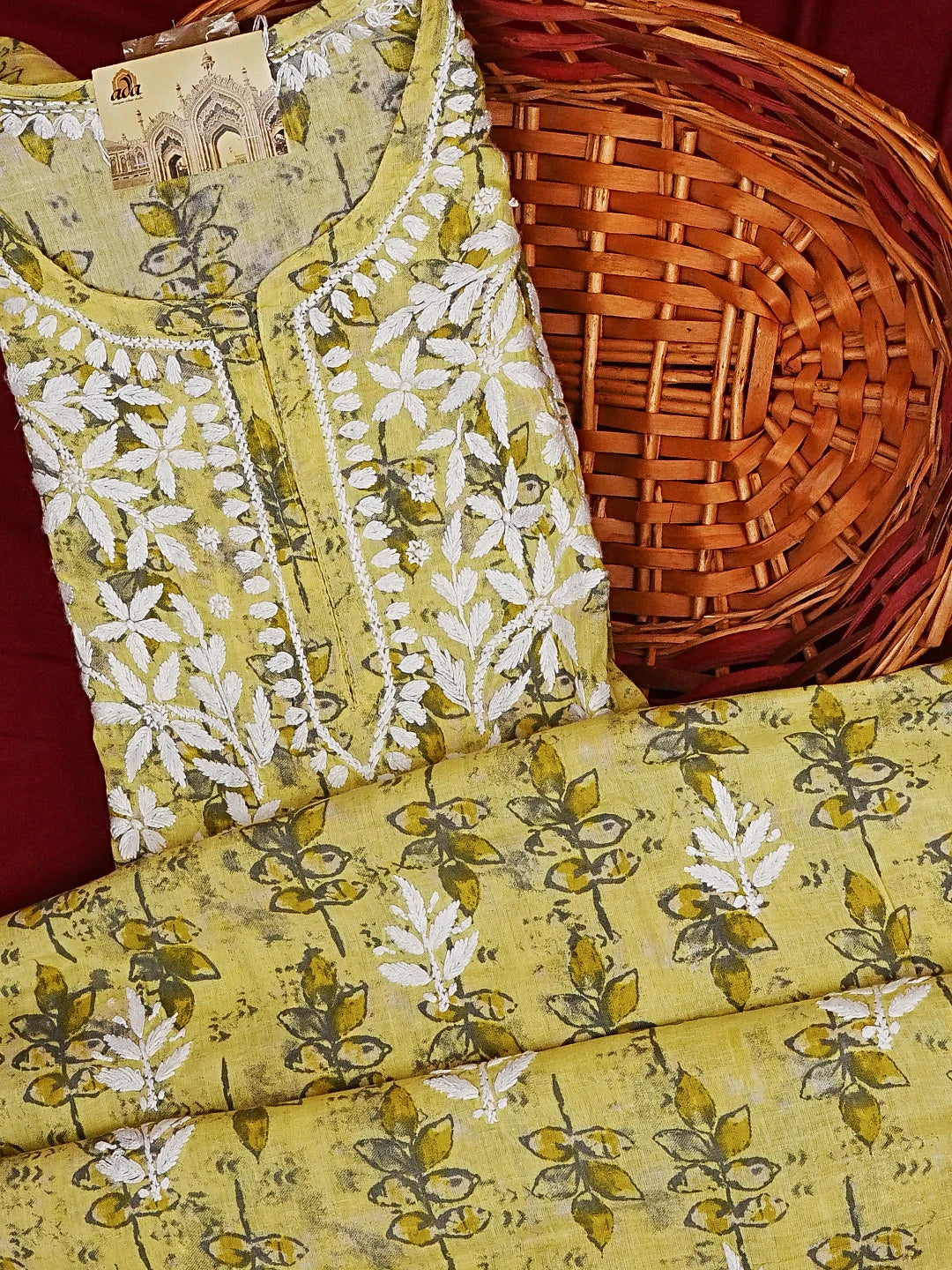 Ada Hand Embroidered Yellow Cotton Lucknowi Chikankari Straight Kurta A411578