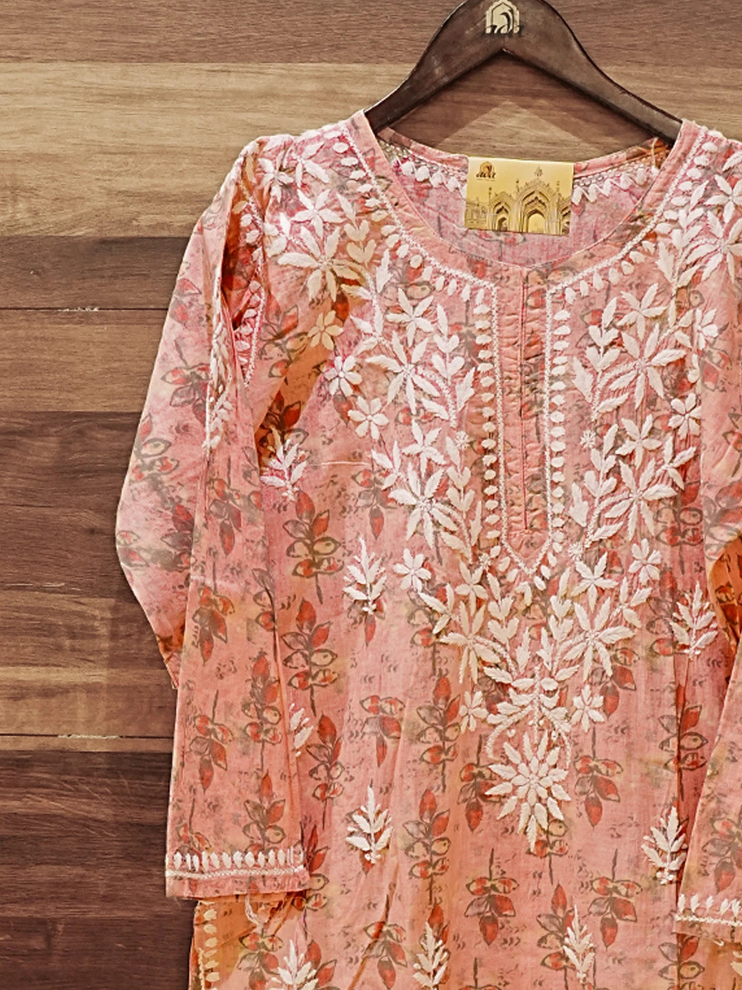 Ada Hand Embroidered Peach Cotton Lucknowi Chikankari Straight Kurta A411577