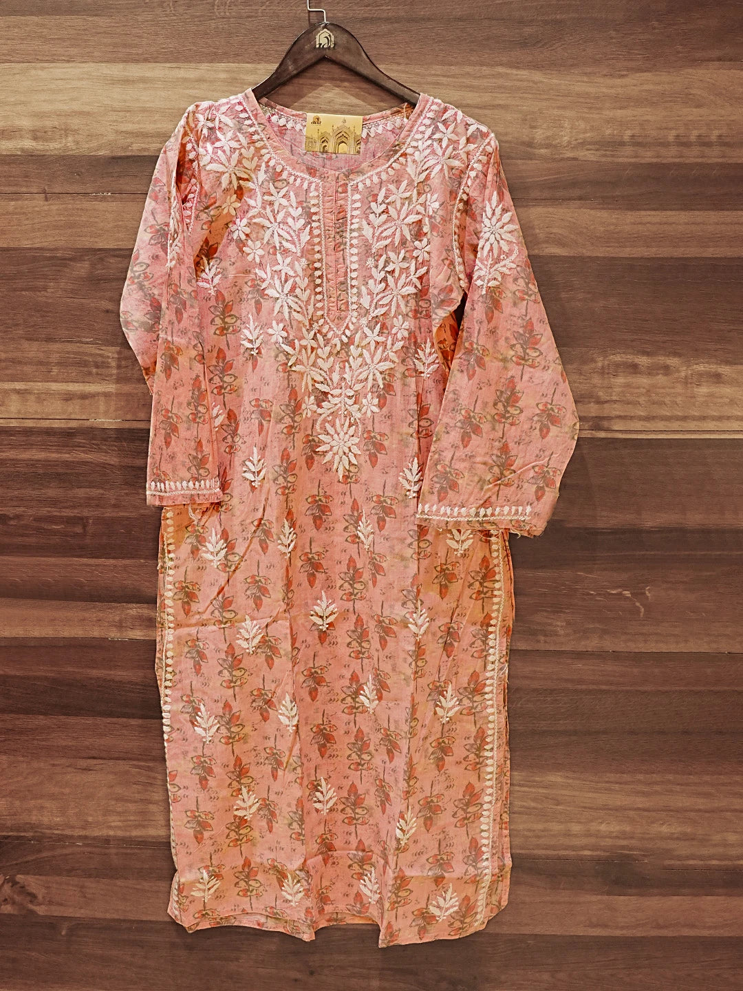 Ada Hand Embroidered Peach Cotton Lucknowi Chikankari Straight Kurta A411577