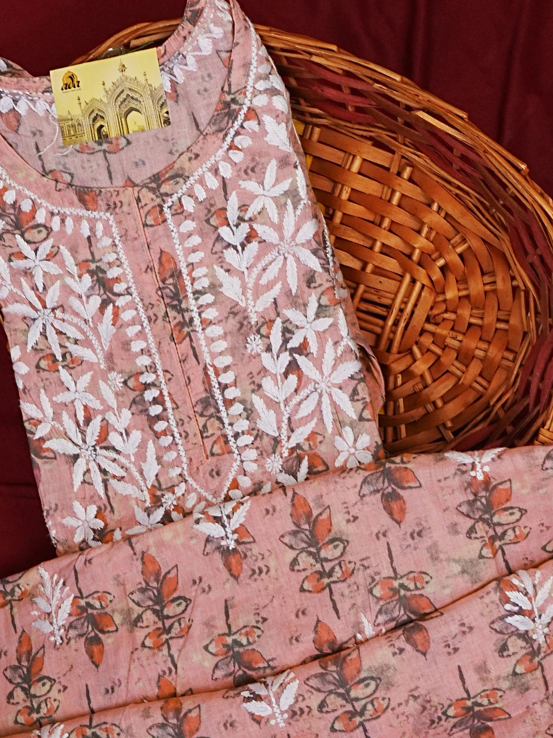 Ada Hand Embroidered Peach Cotton Lucknowi Chikankari Straight Kurta A411577