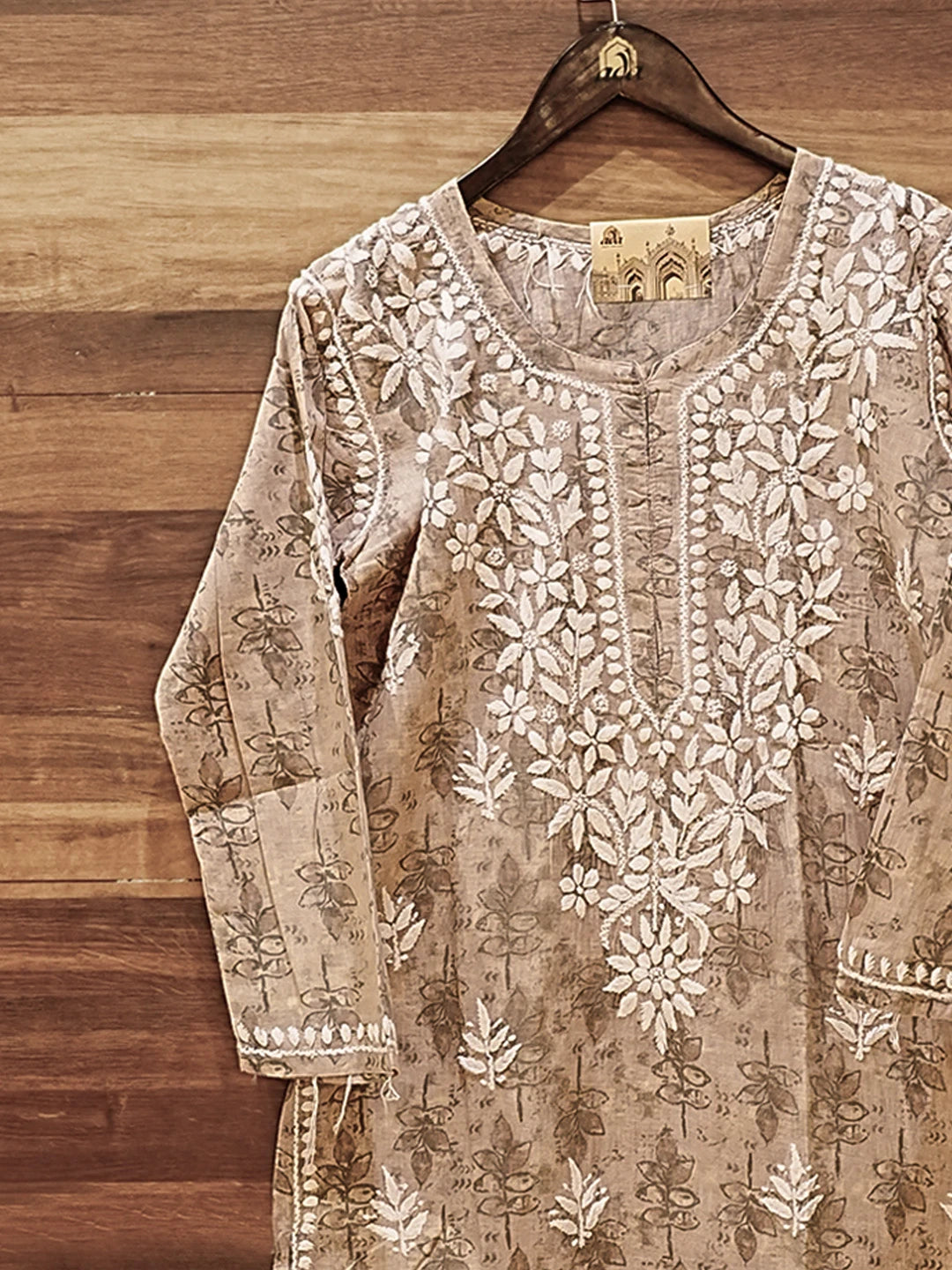 Ada Hand Embroidered Fawn Cotton Lucknowi Chikankari Straight Kurta A411579