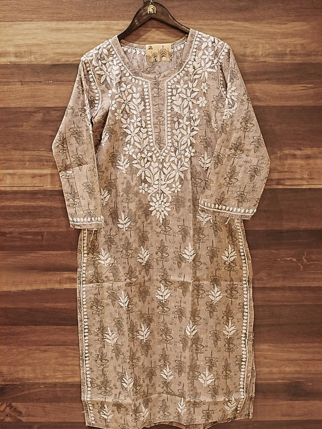 Ada Hand Embroidered Fawn Cotton Lucknowi Chikankari Straight Kurta A411579