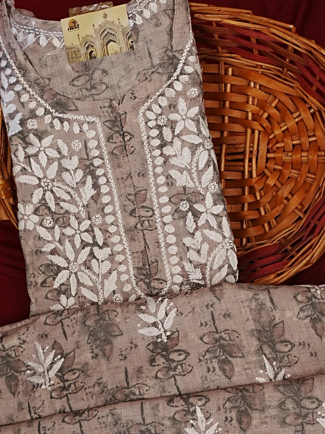 Ada Hand Embroidered Fawn Cotton Lucknowi Chikankari Straight Kurta A411579