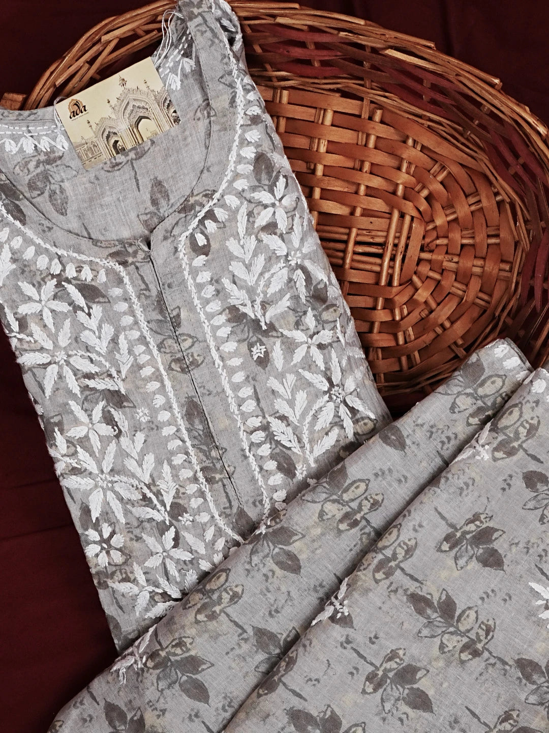 Ada Hand Embroidered Grey Cotton Lucknowi Chikankari Straight Kurta A411581