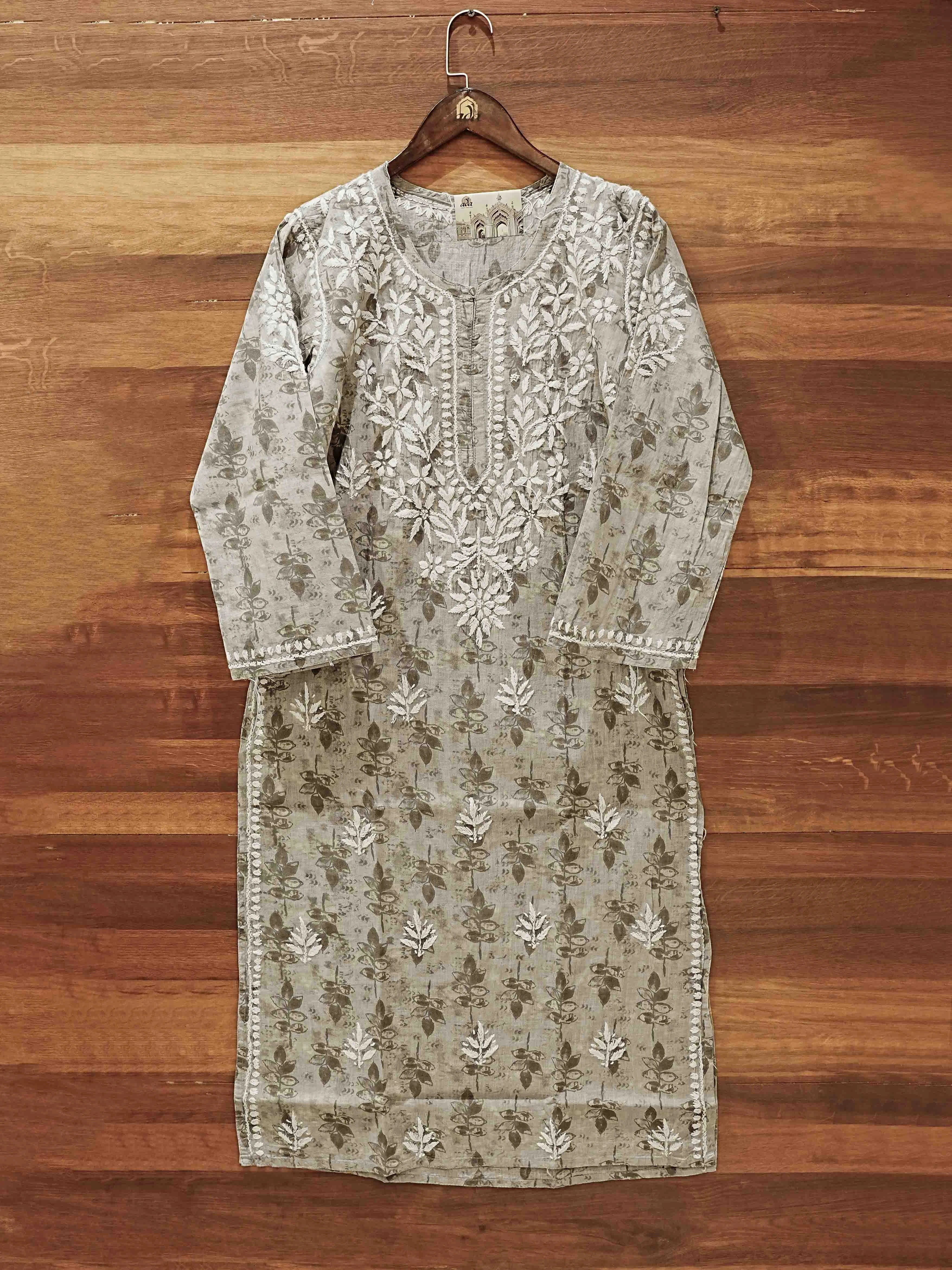 Ada Hand Embroidered Grey Cotton Lucknowi Chikankari Straight Kurta A411581