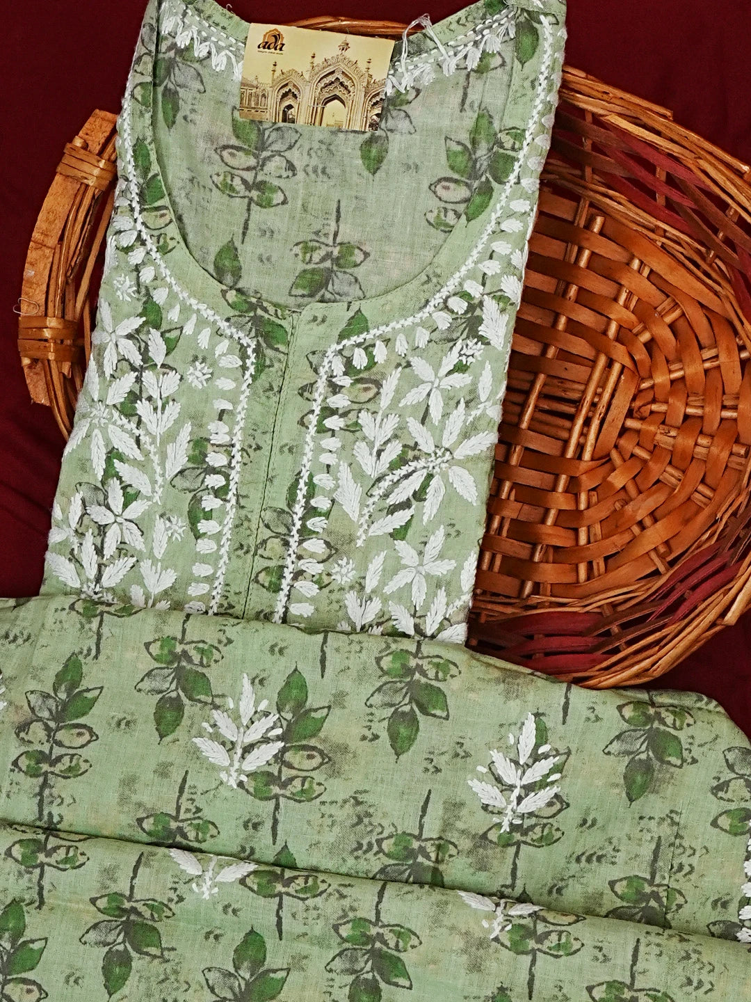 Ada Hand Embroidered Green Cotton Lucknowi Chikankari Straight Kurta A411580