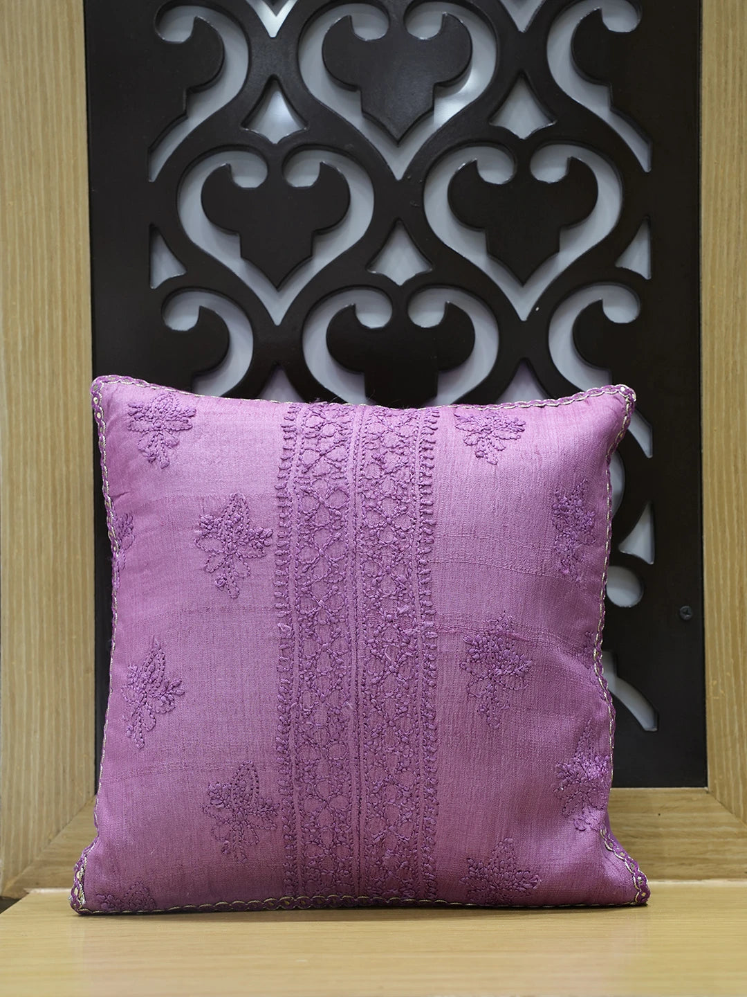 Ada Hand Embroidered Magenta Silk Lucknowi Chikankari Cushion Cover 01A459353
