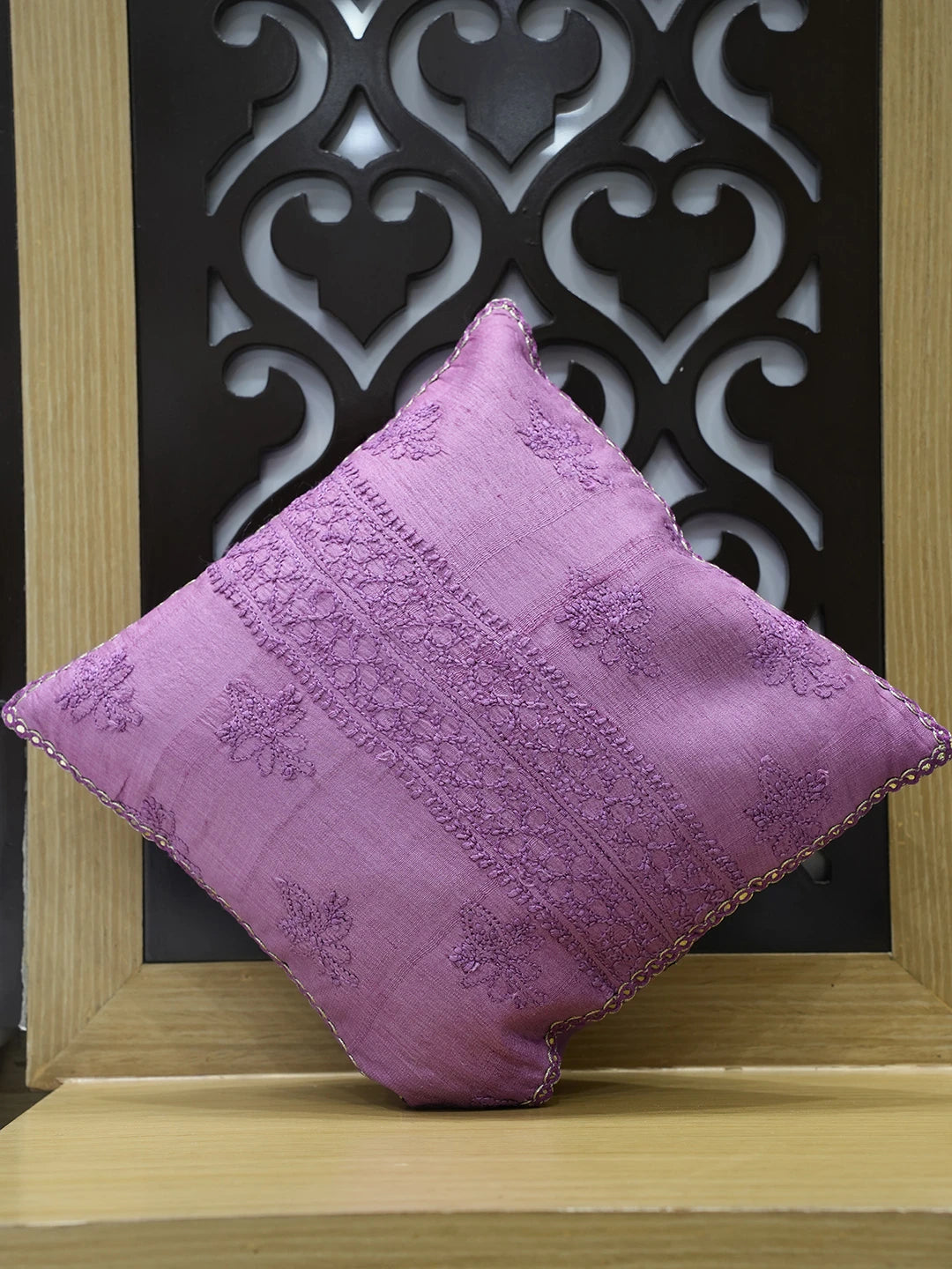 Ada Hand Embroidered Magenta Silk Lucknowi Chikankari Cushion Cover 01A459353