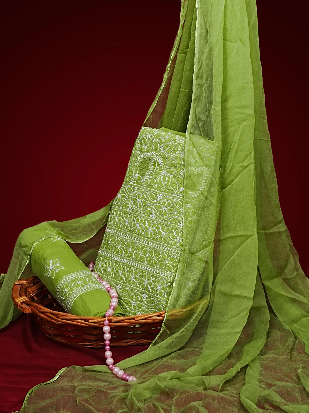 Ada Hand Embroidered Green Cotton Lucknowi Chikankari Unstitched Suit Piece 01A550891