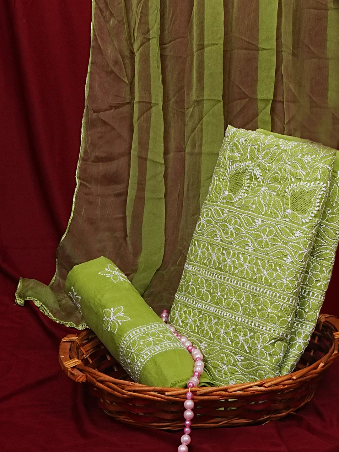 Ada Hand Embroidered Green Cotton Lucknowi Chikankari Unstitched Suit Piece 01A550891