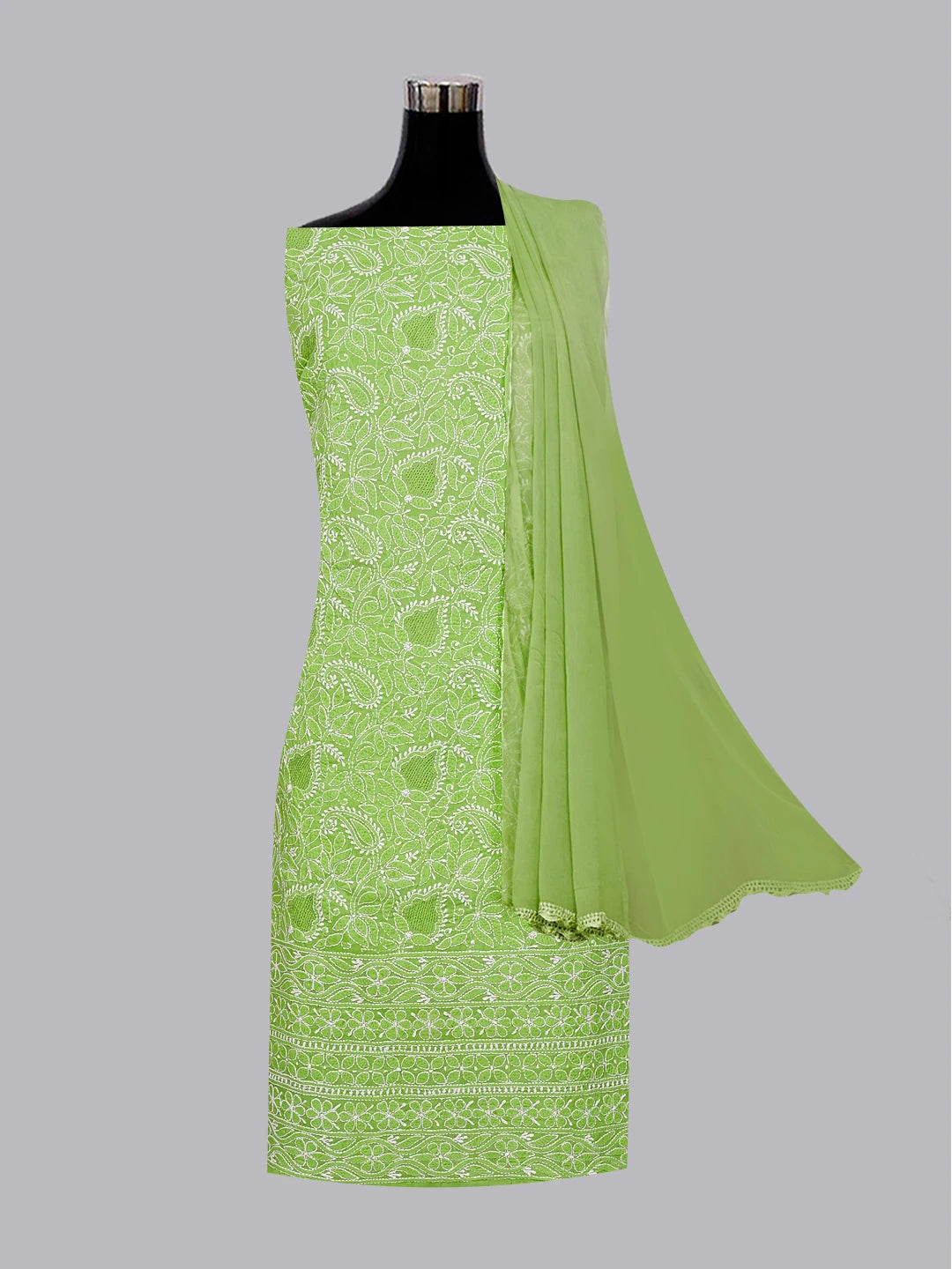 Ada Hand Embroidered Green Cotton Lucknowi Chikankari Unstitched Suit Piece 01A550891