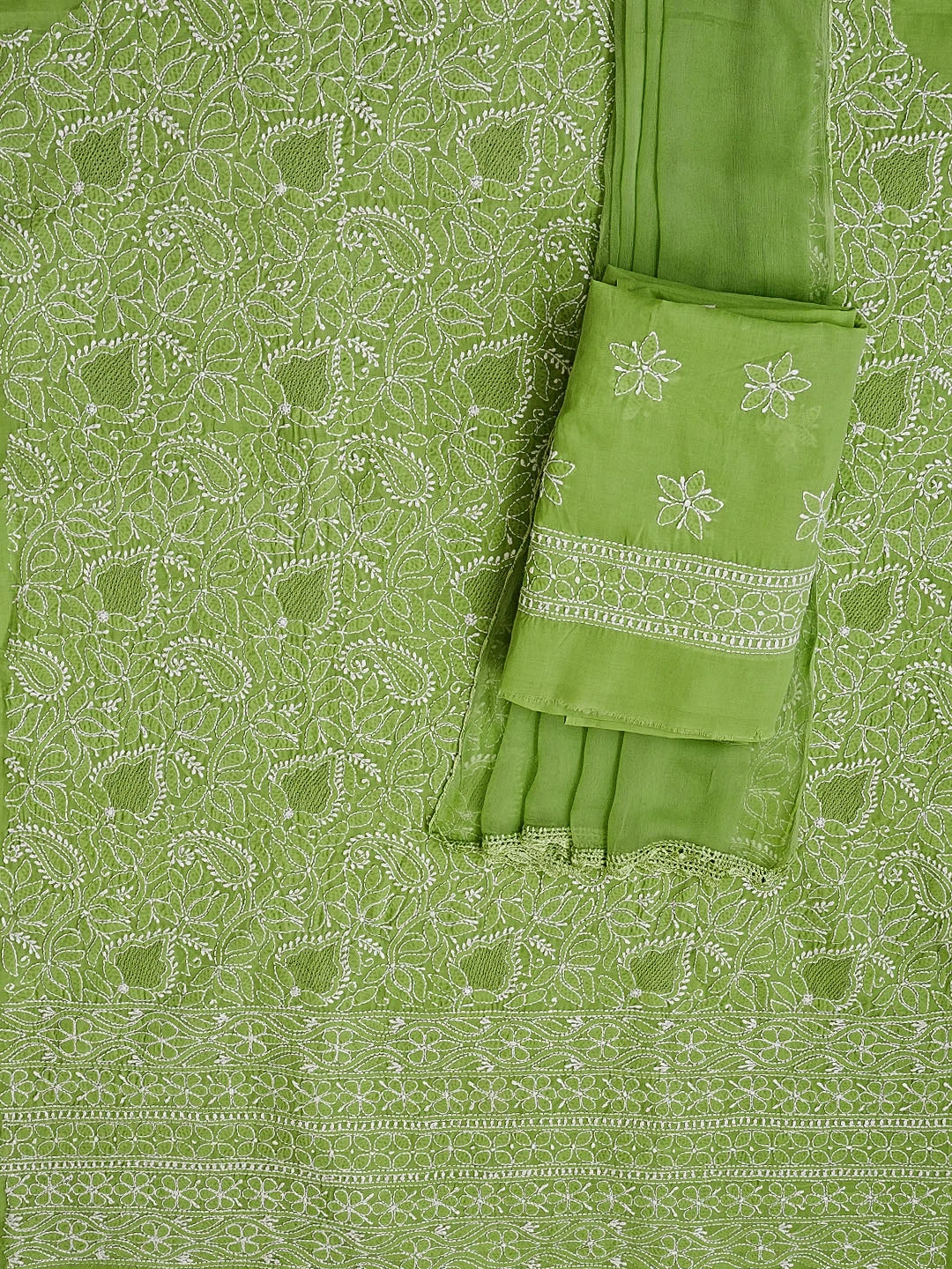Ada Hand Embroidered Green Cotton Lucknowi Chikankari Unstitched Suit Piece 01A550891