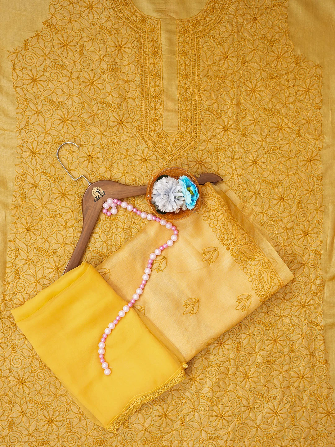 Ada Hand Embroidered Mustard Silk Lucknowi Chikankari Unstitched Suit Piece 01A546540