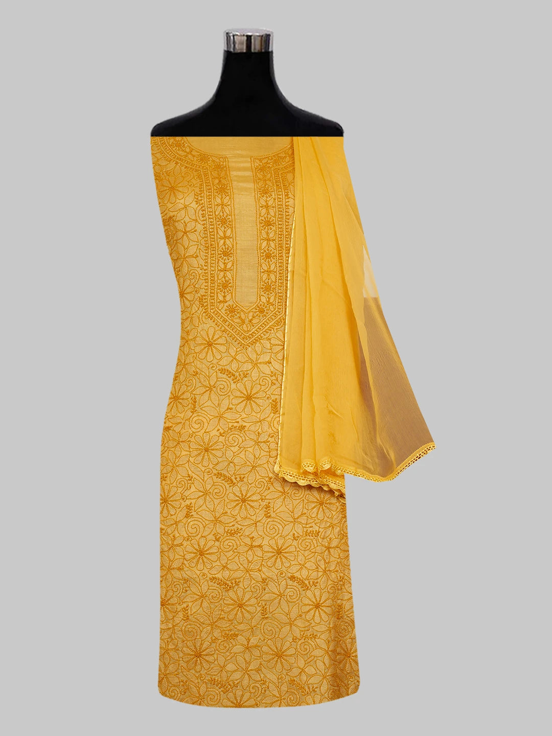Ada Hand Embroidered Mustard Silk Lucknowi Chikankari Unstitched Suit Piece 01A546540