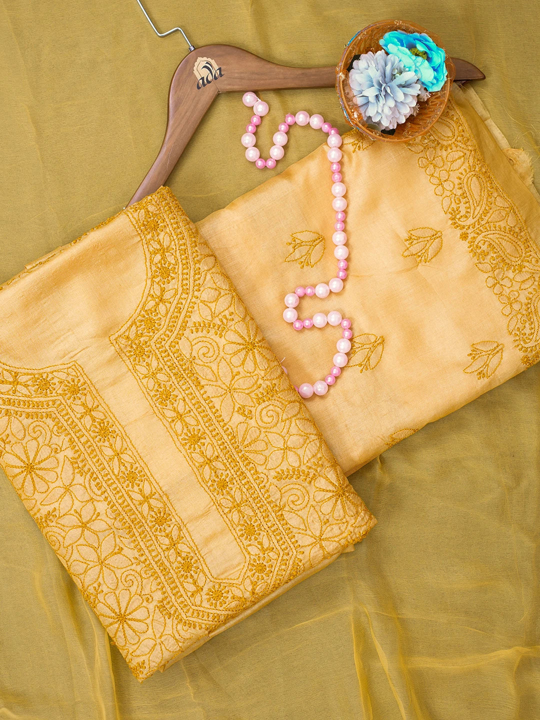 Ada Hand Embroidered Mustard Silk Lucknowi Chikankari Unstitched Suit Piece 01A546540