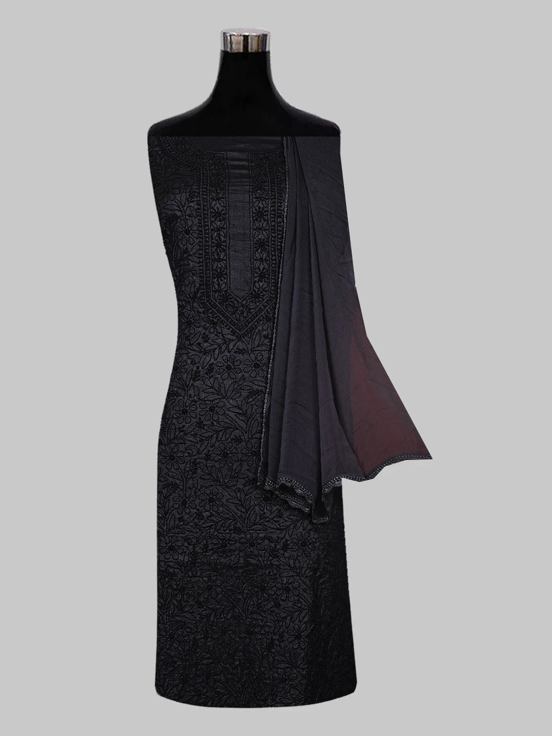 Ada Hand Embroidered Black Silk Lucknowi Chikankari Unstitched Suit Piece 01A546538