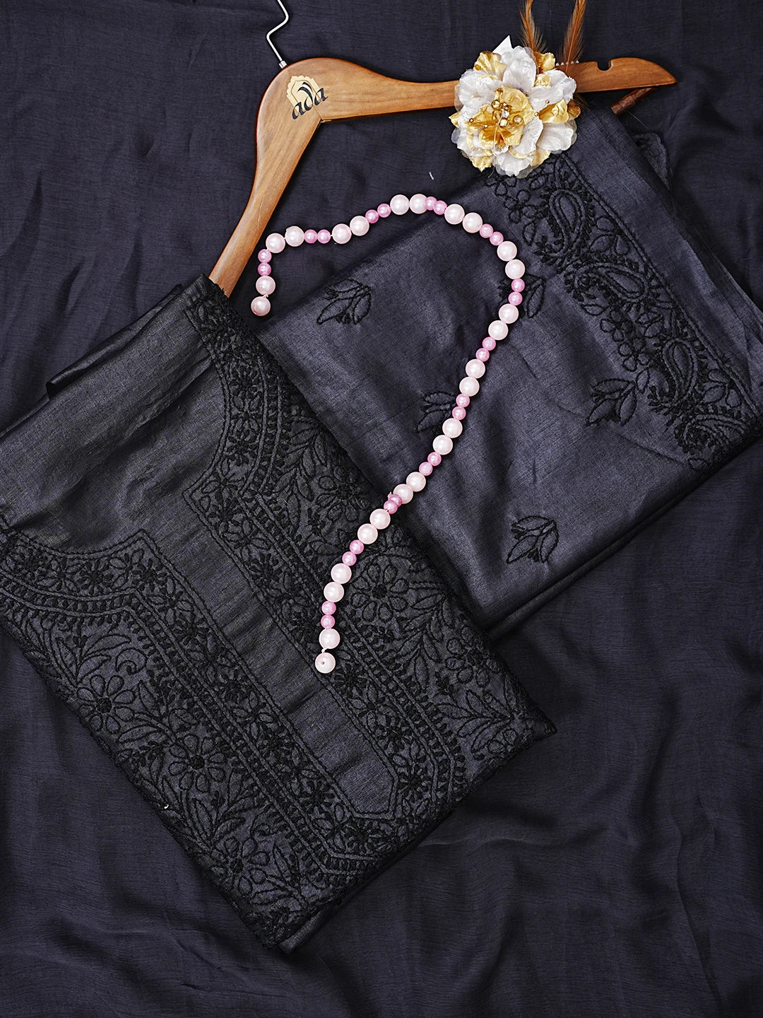 Ada Hand Embroidered Black Silk Lucknowi Chikankari Unstitched Suit Piece 01A546538