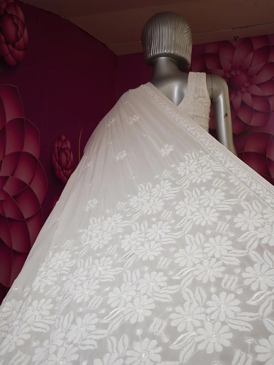 Ada Hand Embroidered White Viscose Georgette Lucknowi Chikankari Saree and Blouse 01A535679