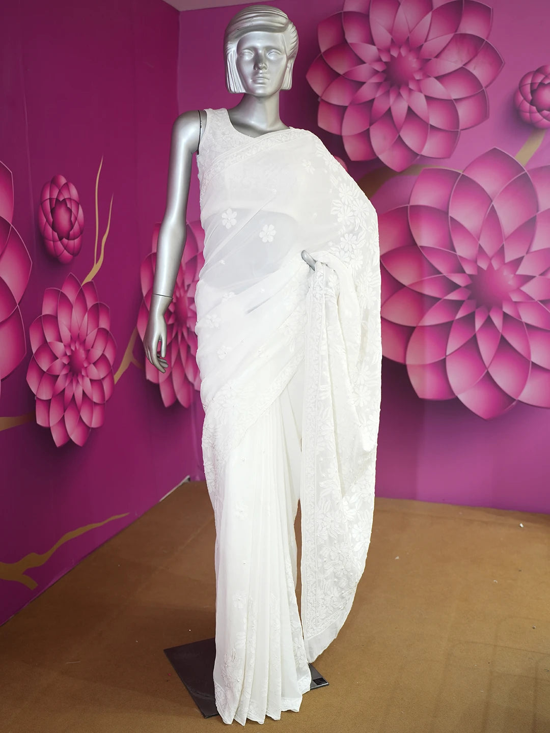 Ada Hand Embroidered White Viscose Georgette Lucknowi Chikankari Saree and Blouse 01A535679