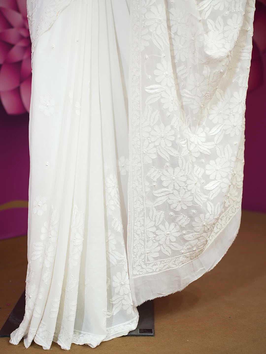 Ada Hand Embroidered White Viscose Georgette Lucknowi Chikankari Saree and Blouse 01A535679