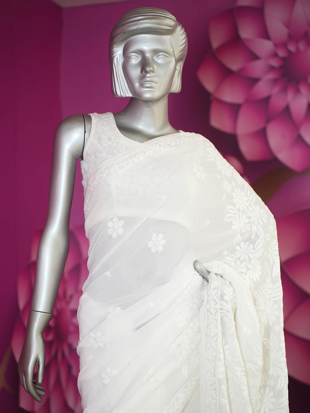 Ada Hand Embroidered White Viscose Georgette Lucknowi Chikankari Saree and Blouse 01A535679