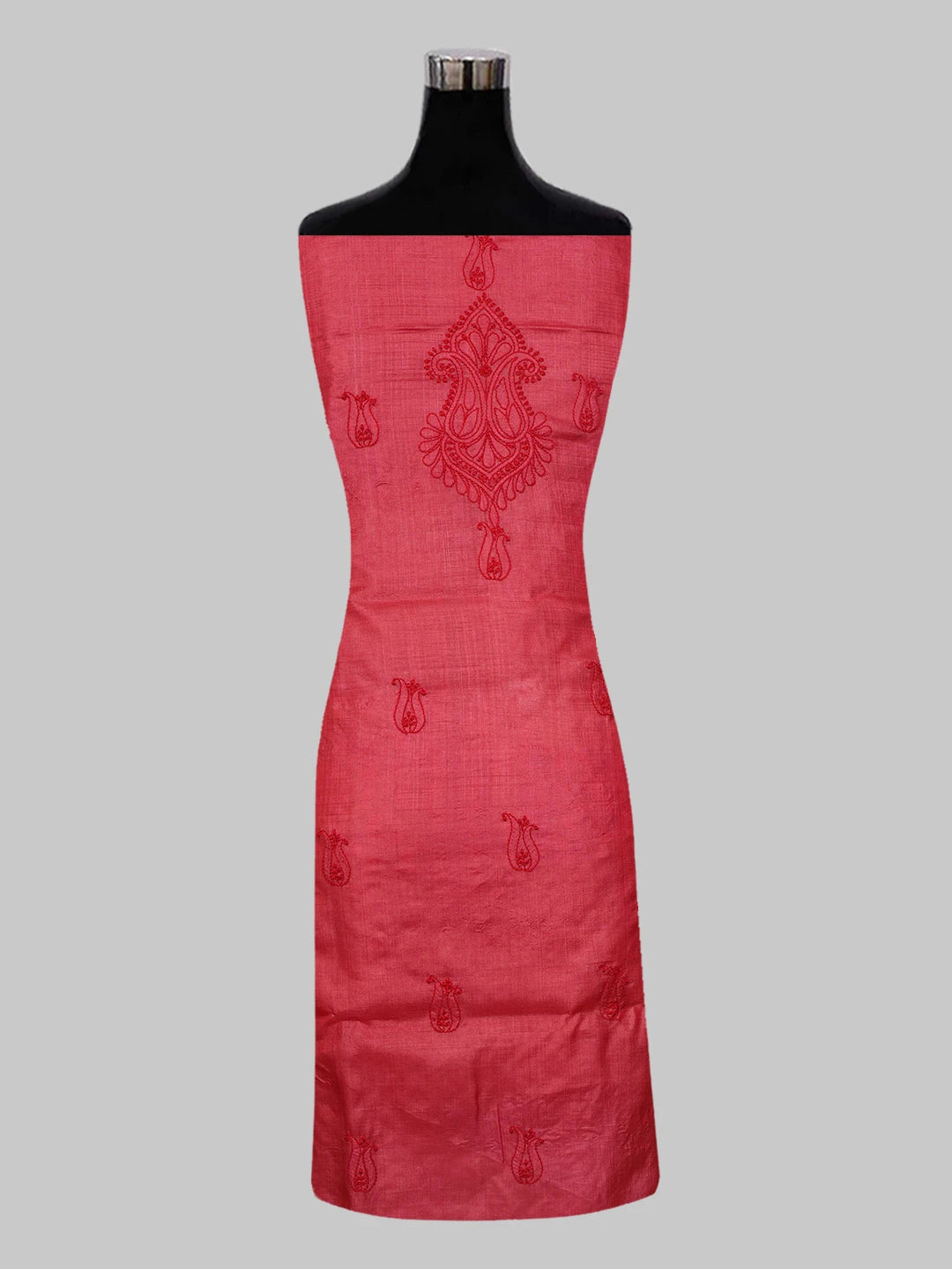 Ada Hand Embroidered Red Silk Lucknowi Chikankari Unstitched Suit Piece 01A546542