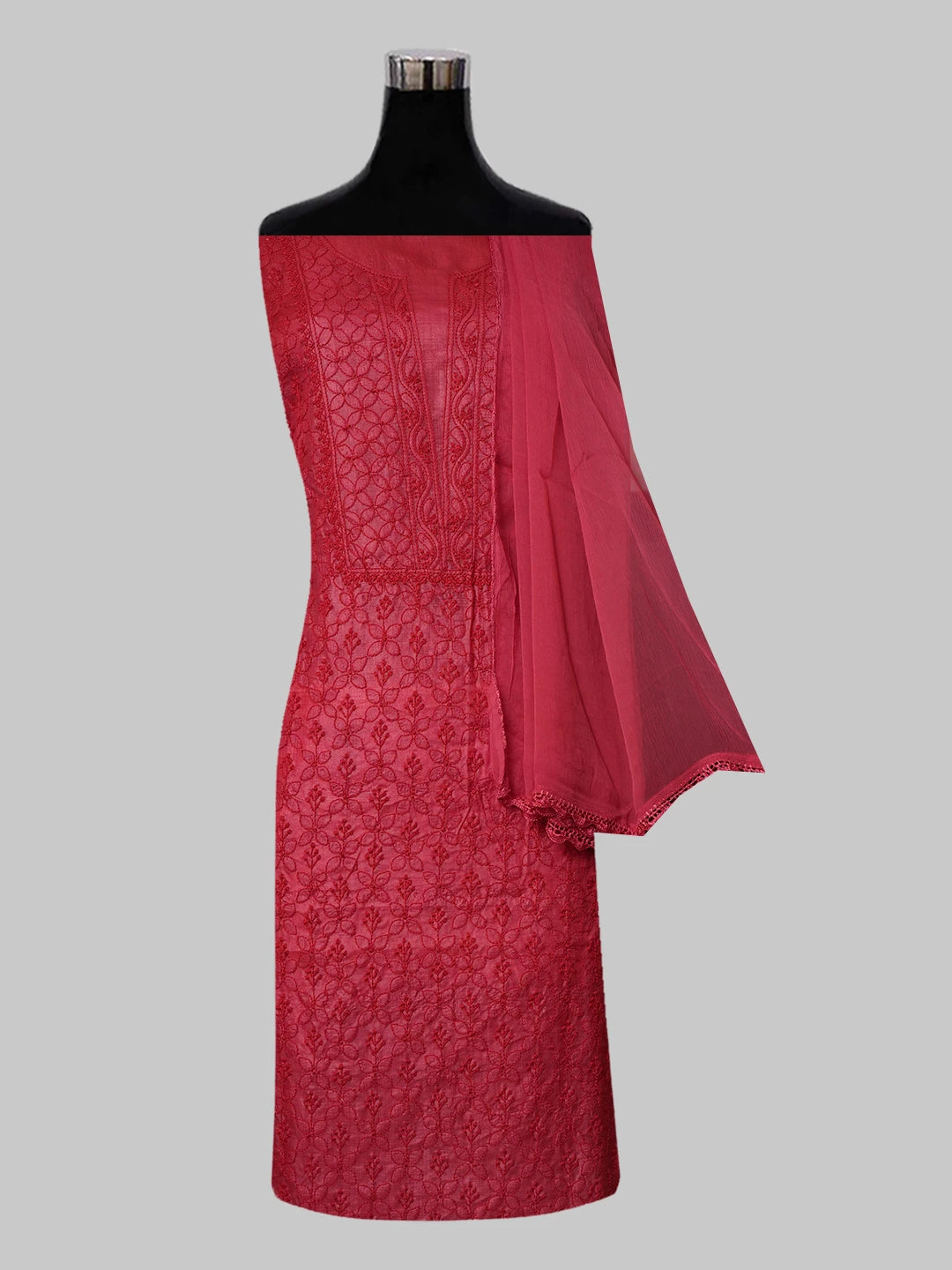 Ada Hand Embroidered Red Silk Lucknowi Chikankari Unstitched Suit Piece 01A546542