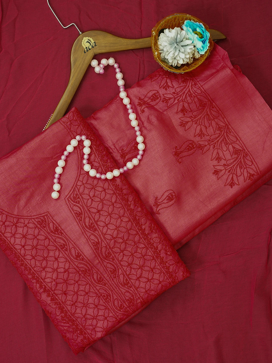 Ada Hand Embroidered Red Silk Lucknowi Chikankari Unstitched Suit Piece 01A546542