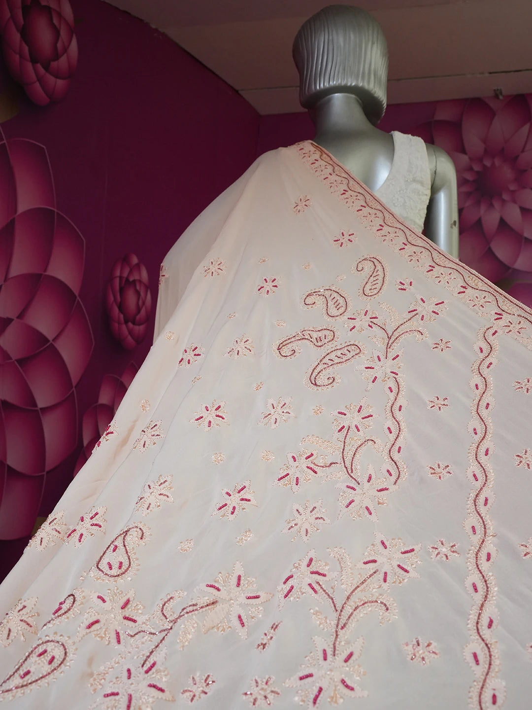 Ada Hand Embroidered Peach Viscose Georgette Lucknowi Chikankari Saree and Blouse 01A361838