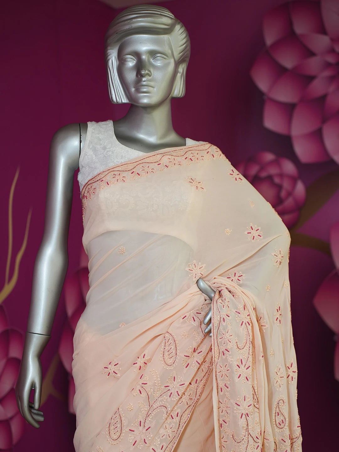 Ada Hand Embroidered Peach Viscose Georgette Lucknowi Chikankari Saree and Blouse 01A361838