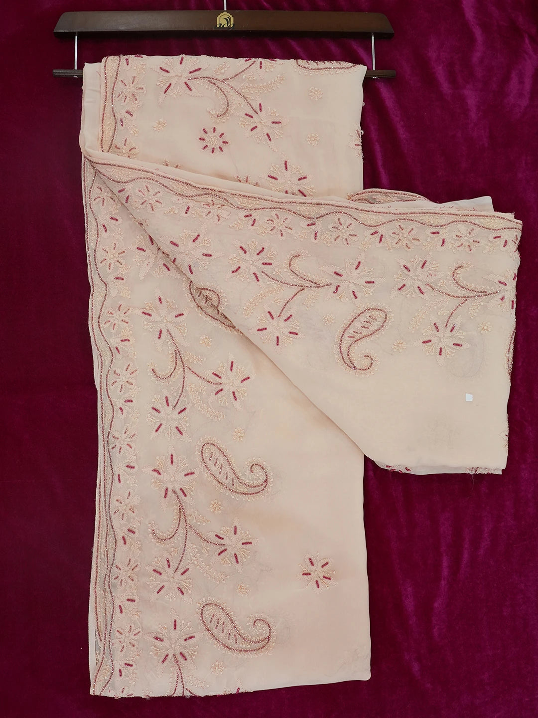 Ada Hand Embroidered Peach Viscose Georgette Lucknowi Chikankari Saree and Blouse 01A361838
