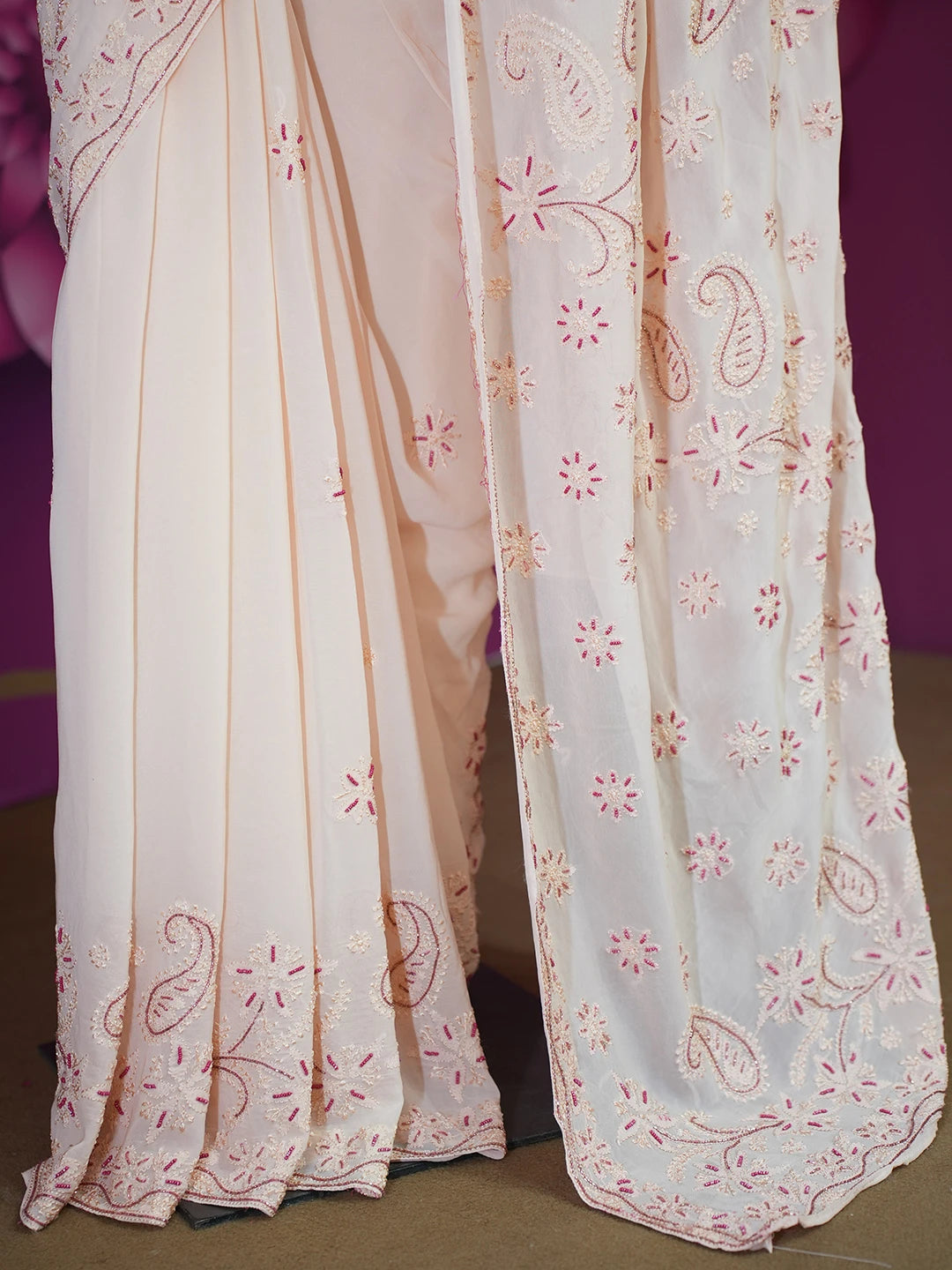 Ada Hand Embroidered Peach Viscose Georgette Lucknowi Chikankari Saree and Blouse 01A361838