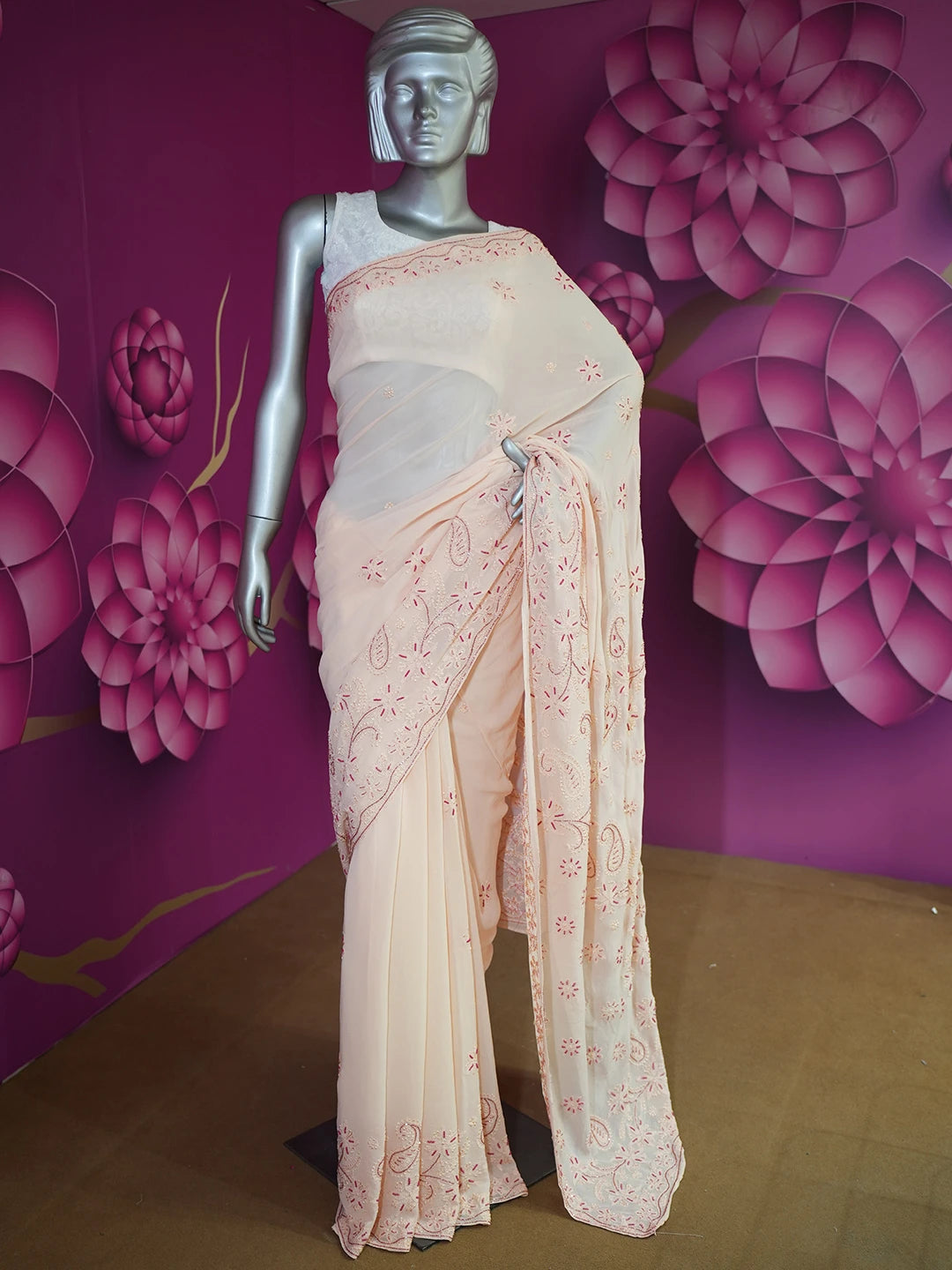 Ada Hand Embroidered Peach Viscose Georgette Lucknowi Chikankari Saree and Blouse 01A361838