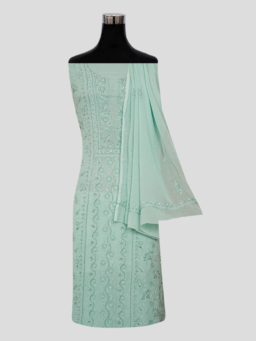 Ada Hand Embroidered Teal Green Viscose Georgette Lucknowi Chikankari Unstitched Kurta Dupatta Set With Sequinned Work 01A535033