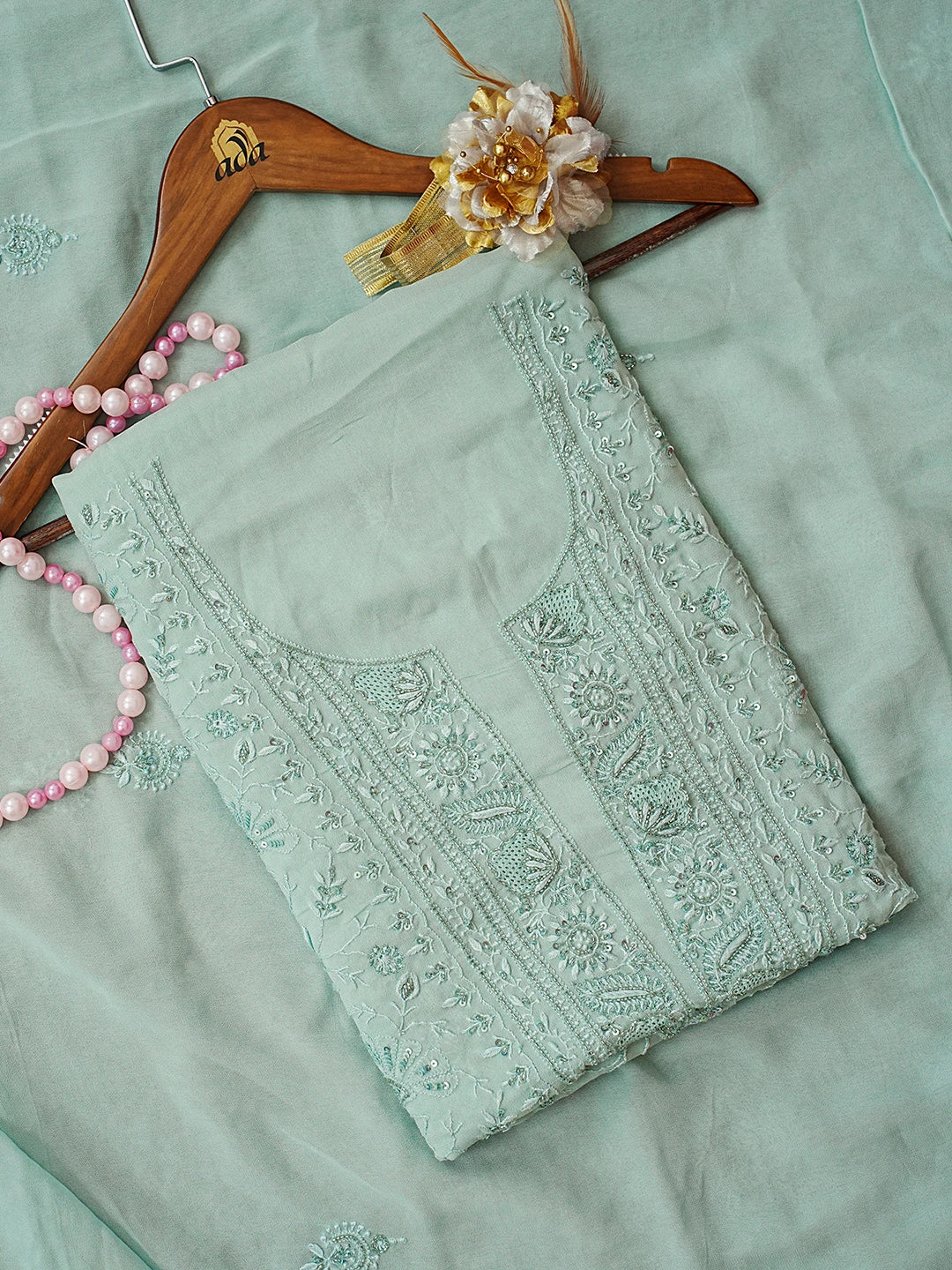 Ada Hand Embroidered Teal Green Viscose Georgette Lucknowi Chikankari Unstitched Kurta Dupatta Set With Sequinned Work 01A535033