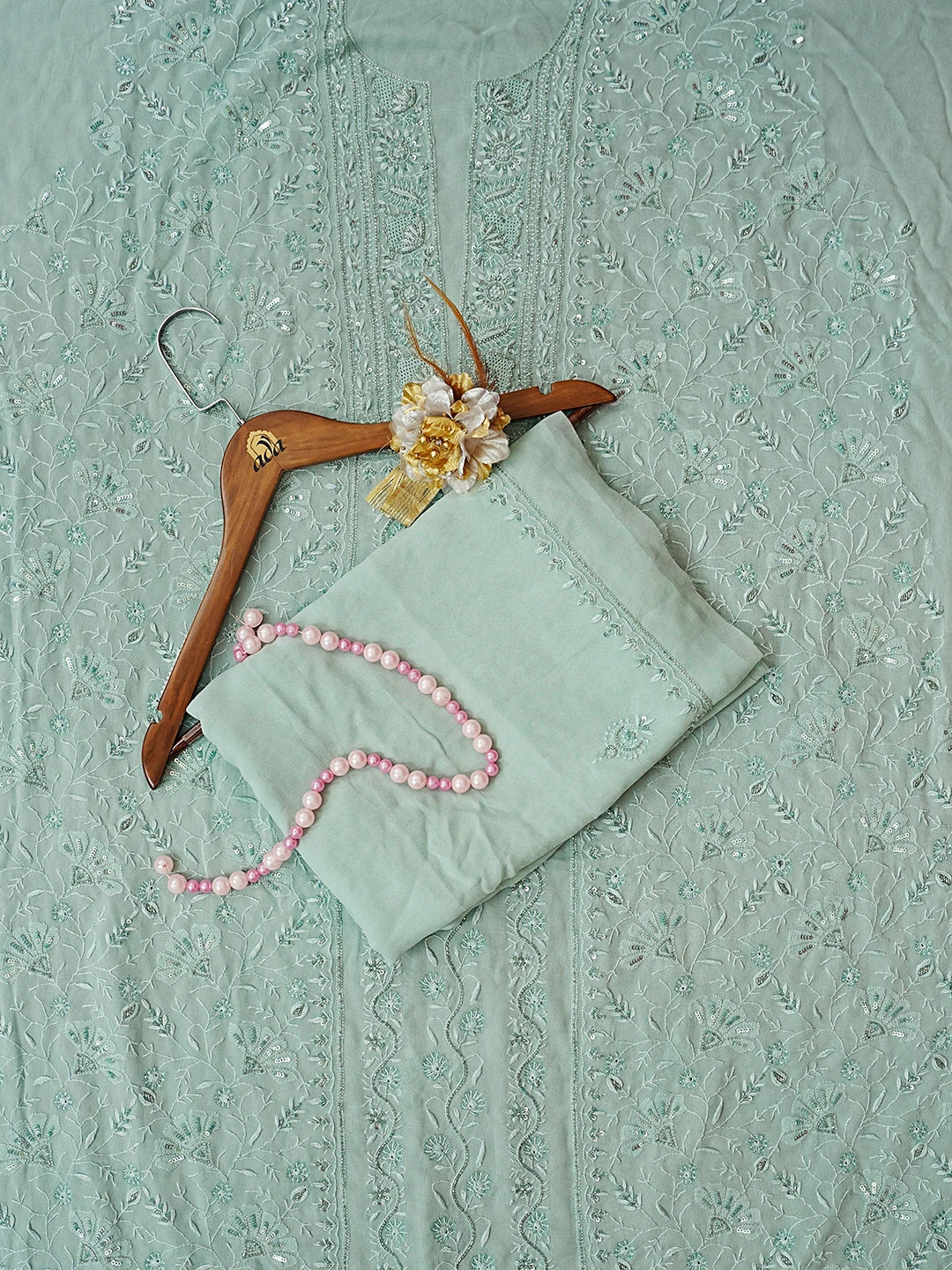 Ada Hand Embroidered Teal Green Viscose Georgette Lucknowi Chikankari Unstitched Kurta Dupatta Set With Sequinned Work 01A535033