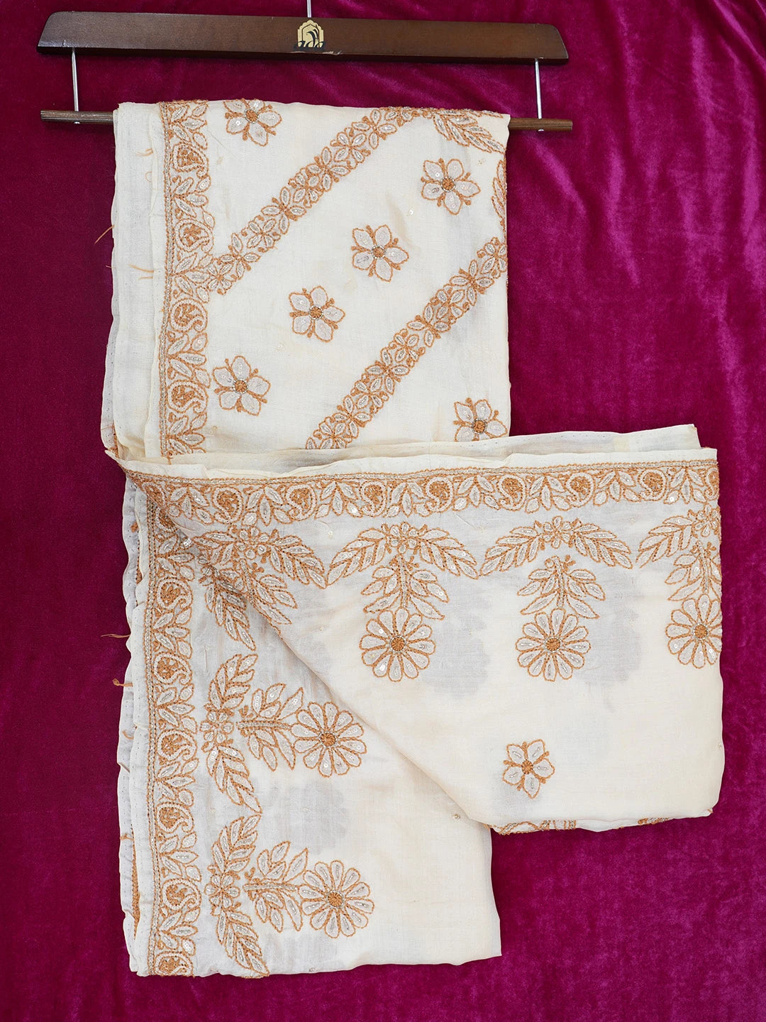Ada Hand Embroidered Fawn Silk Lucknowi Chikankari Saree and Blouse 01A397950
