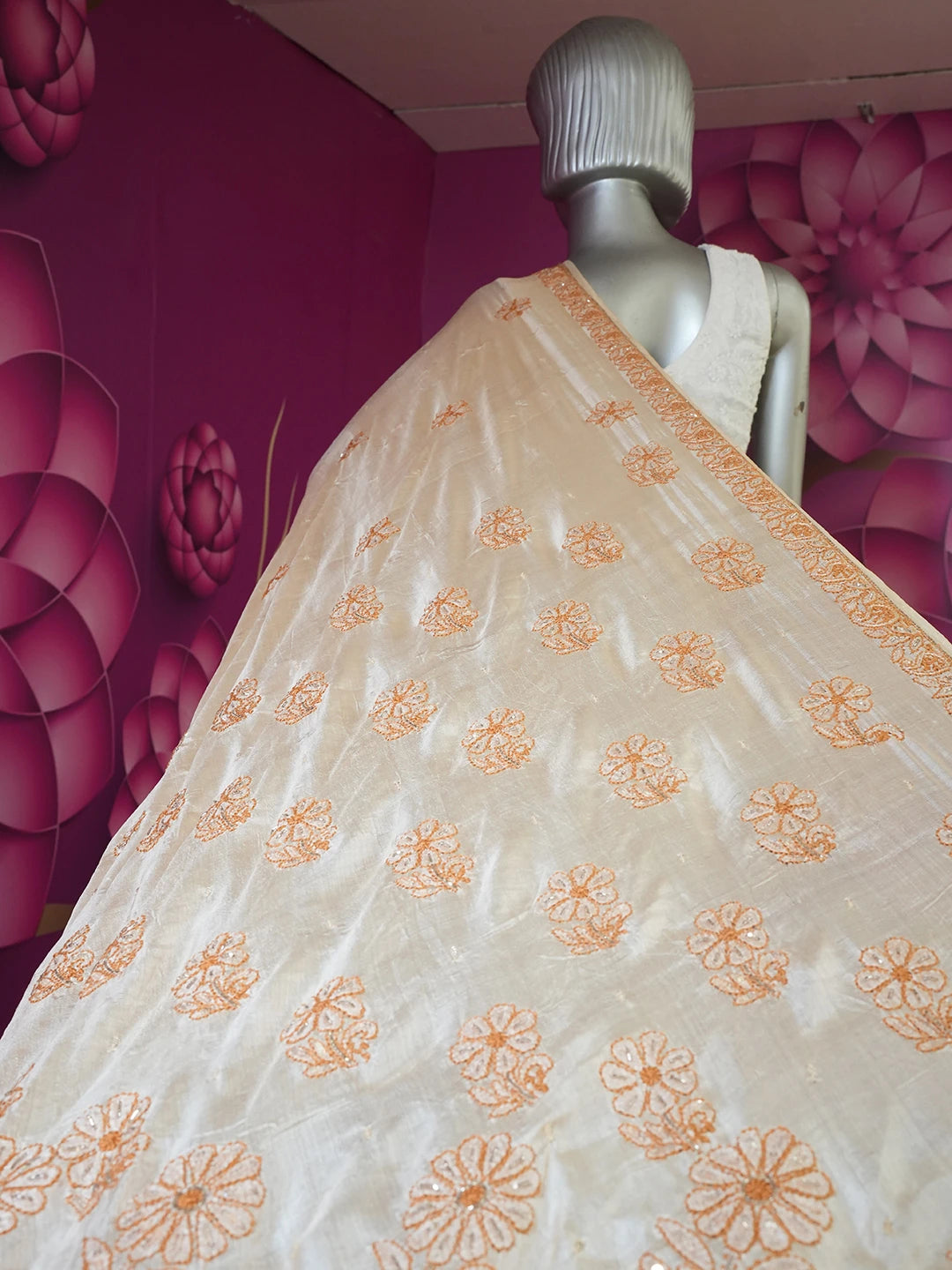 Ada Hand Embroidered Fawn Silk Lucknowi Chikankari Saree and Blouse 01A397950