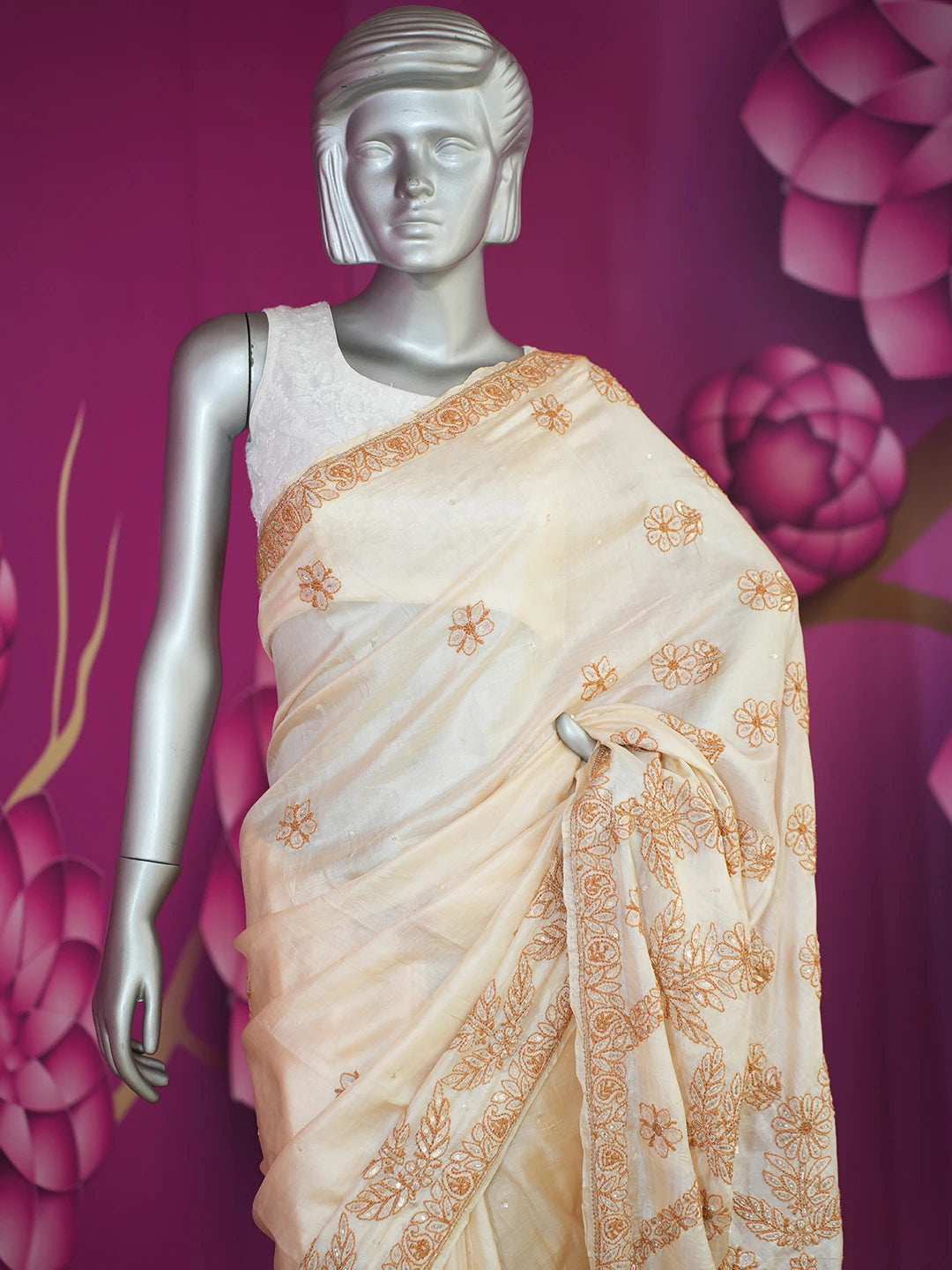 Ada Hand Embroidered Fawn Silk Lucknowi Chikankari Saree and Blouse 01A397950