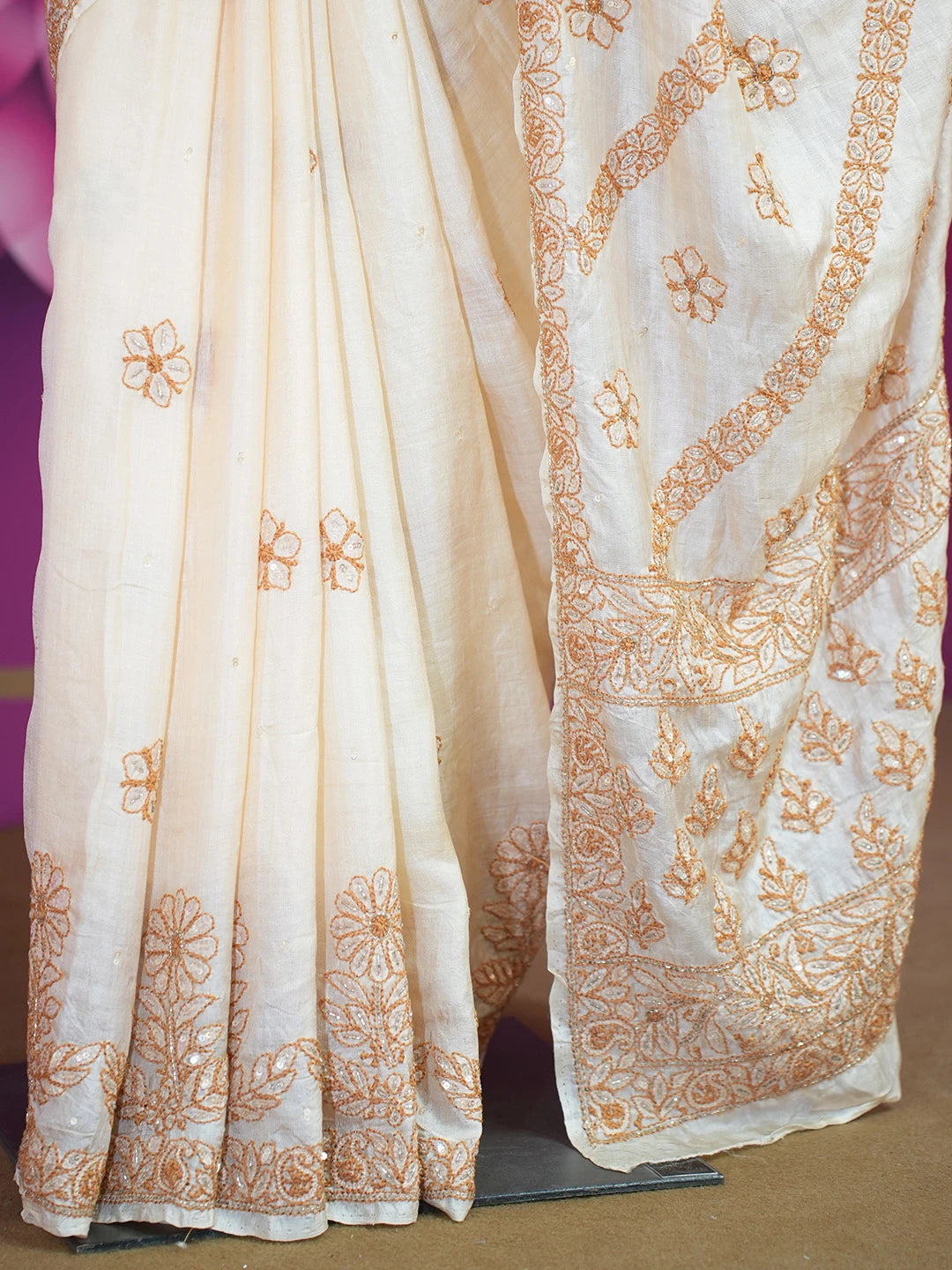 Ada Hand Embroidered Fawn Silk Lucknowi Chikankari Saree and Blouse 01A397950