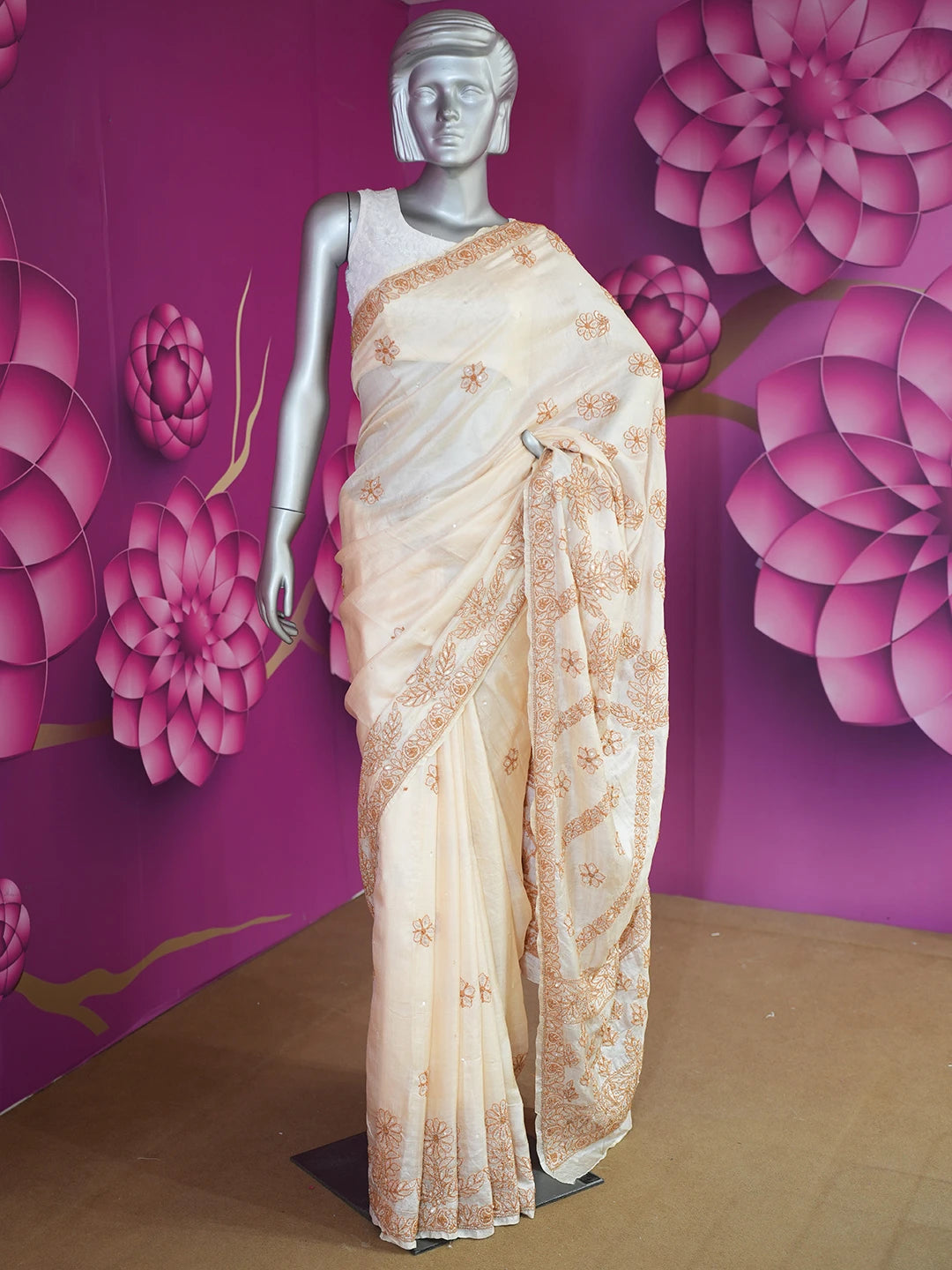 Ada Hand Embroidered Fawn Silk Lucknowi Chikankari Saree and Blouse 01A397950