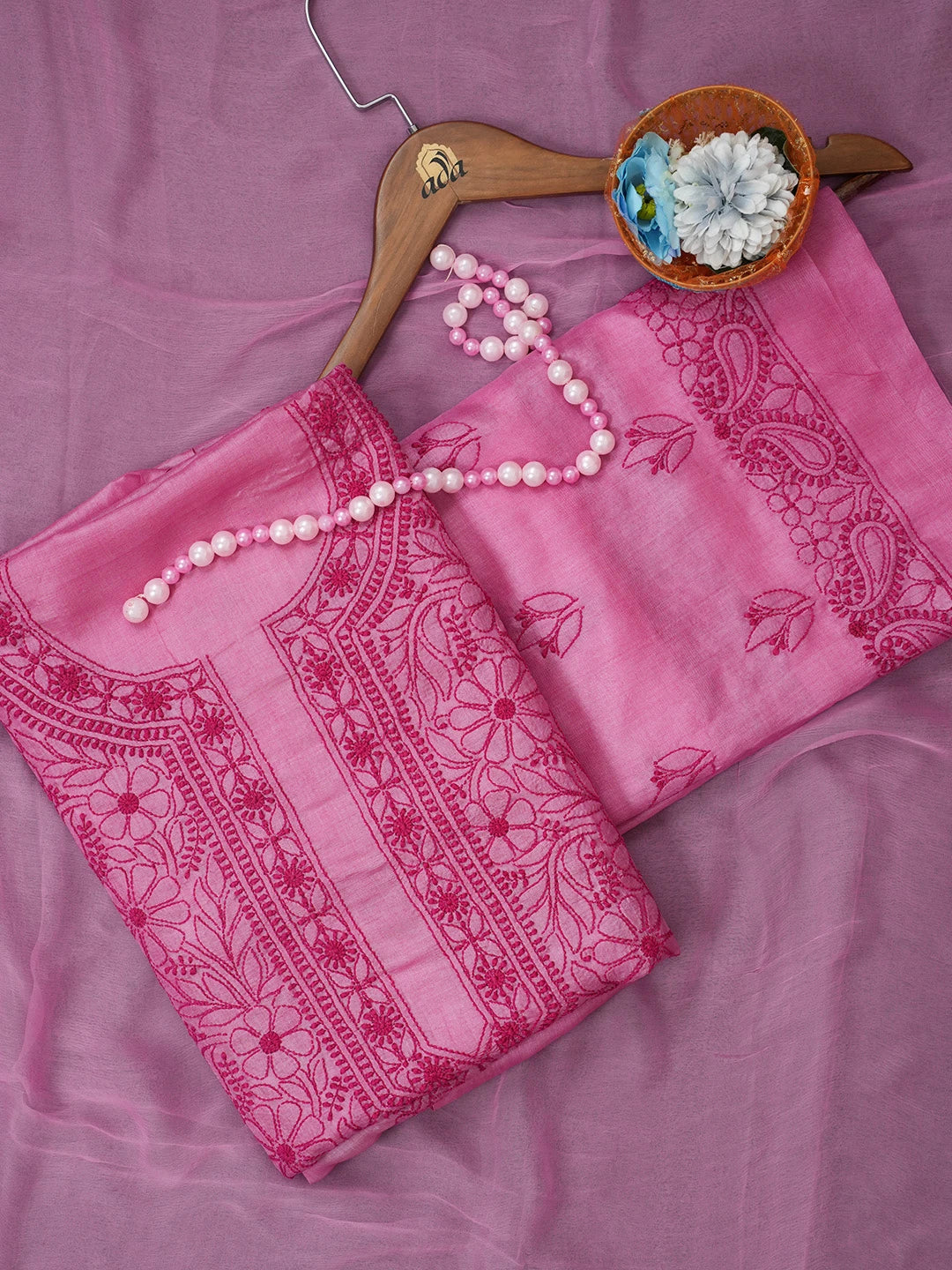 Ada Hand Embroidered Onion Pink Silk Lucknowi Chikankari Unstitched Suit Piece 01A546598