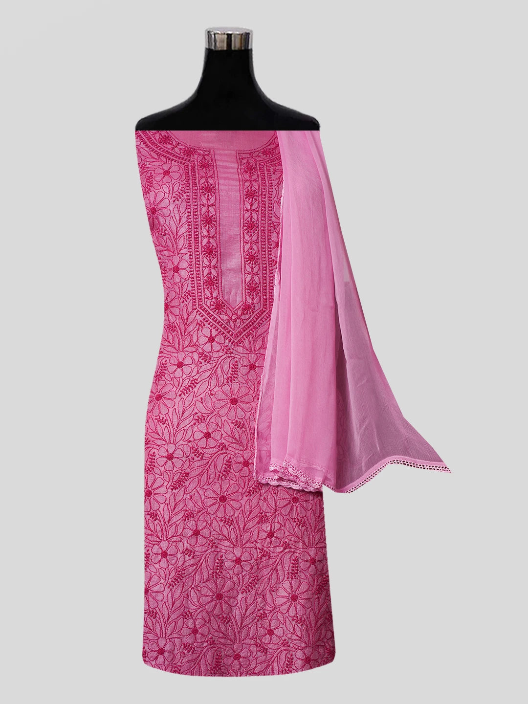 Ada Hand Embroidered Onion Pink Silk Lucknowi Chikankari Unstitched Suit Piece 01A546598