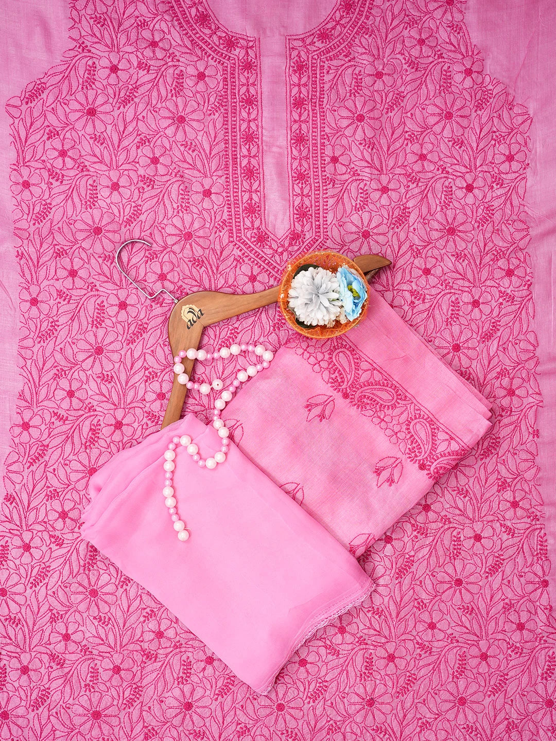Ada Hand Embroidered Onion Pink Silk Lucknowi Chikankari Unstitched Suit Piece 01A546598