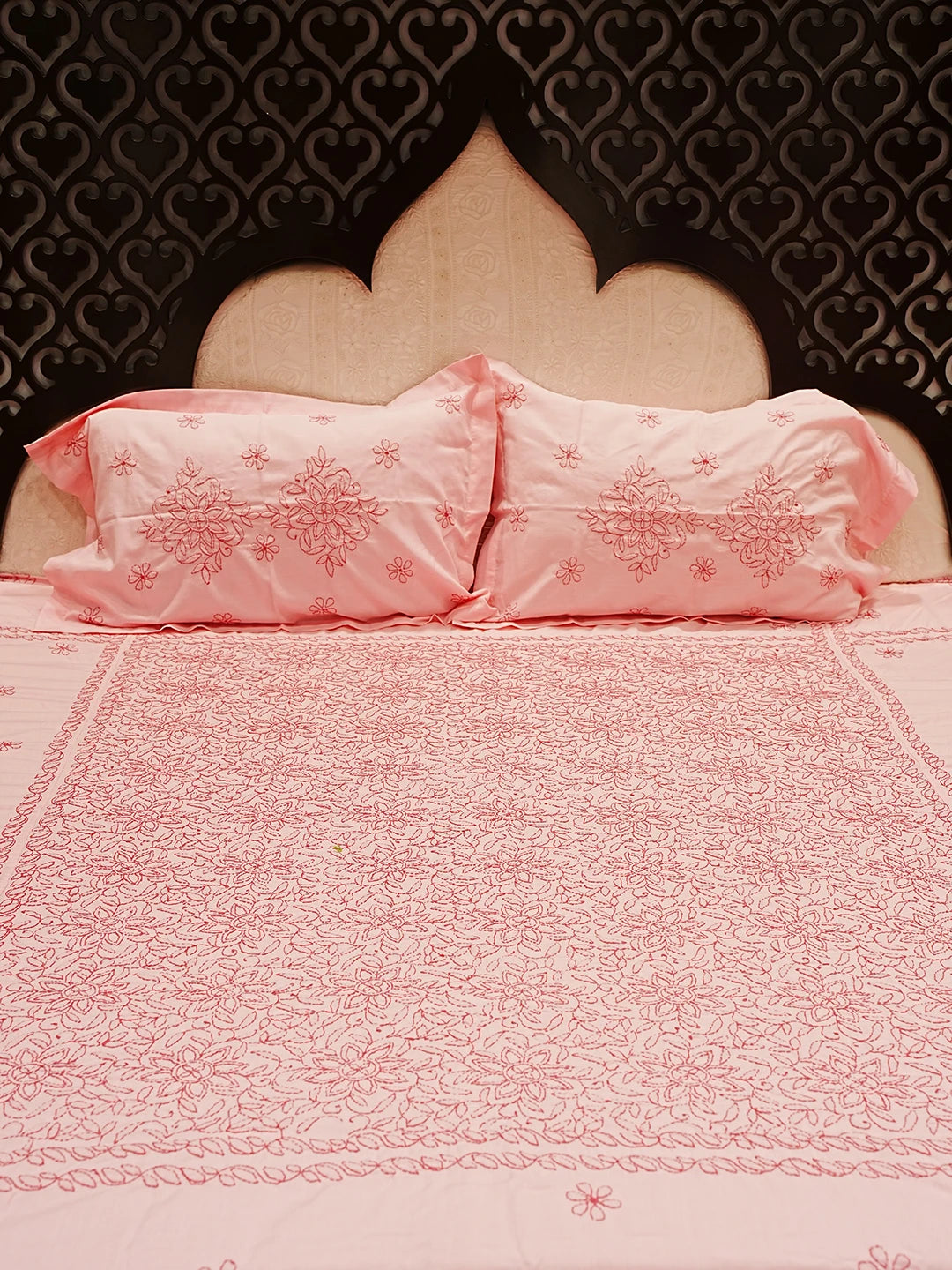 Ada Hand Embroidered Pink Cotton Lucknowi Chikankari Bed Sheet With Pillow And Cushion Cover Set 01A404930