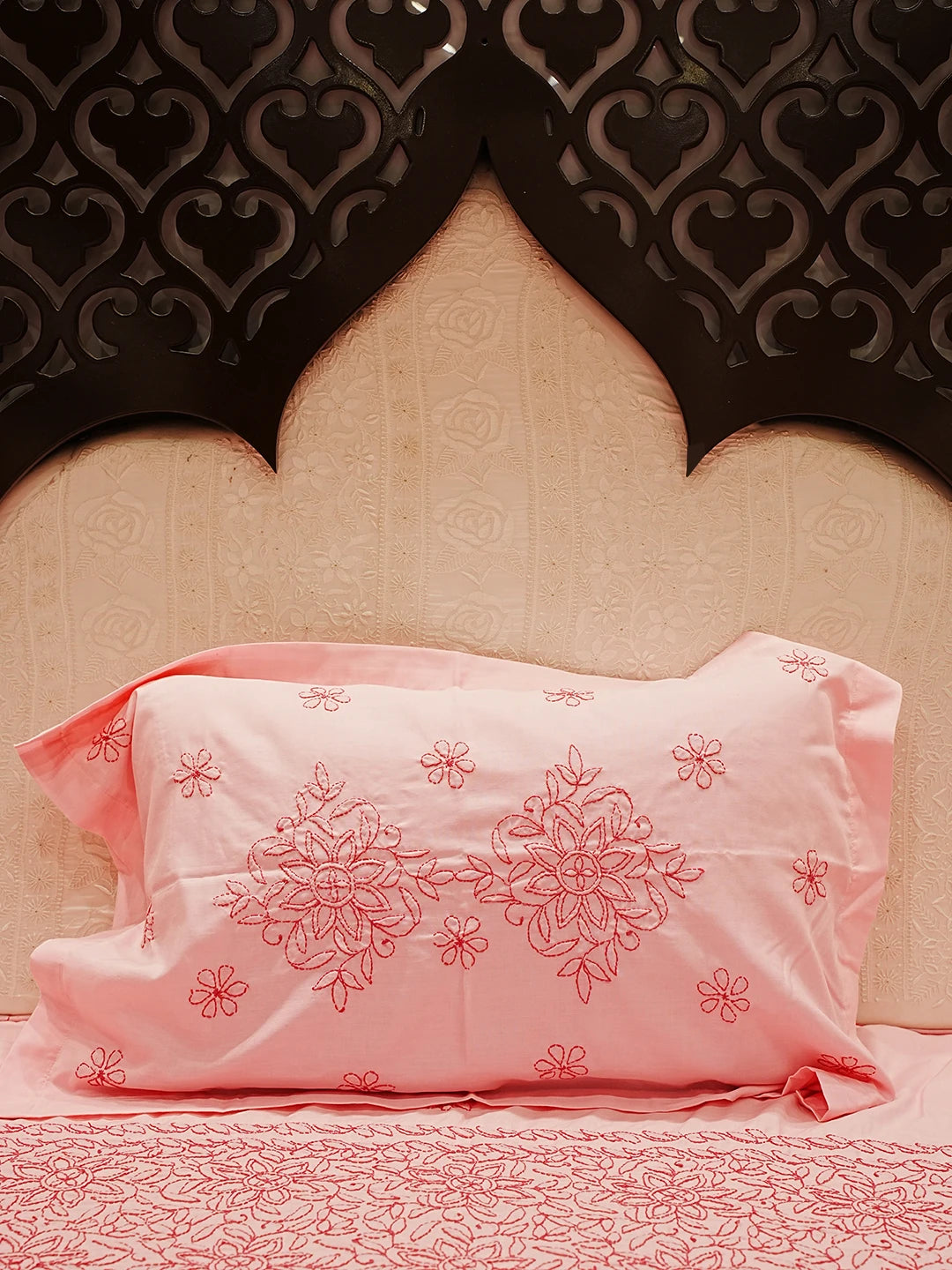 Ada Hand Embroidered Pink Cotton Lucknowi Chikankari Bed Sheet With Pillow And Cushion Cover Set 01A404930