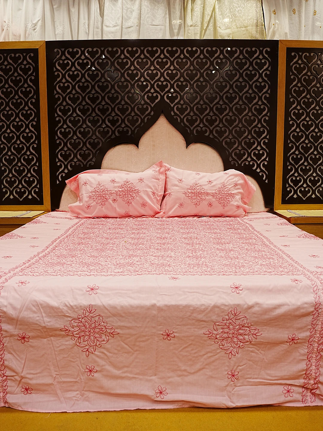 Ada Hand Embroidered Pink Cotton Lucknowi Chikankari Bed Sheet With Pillow And Cushion Cover Set 01A404930