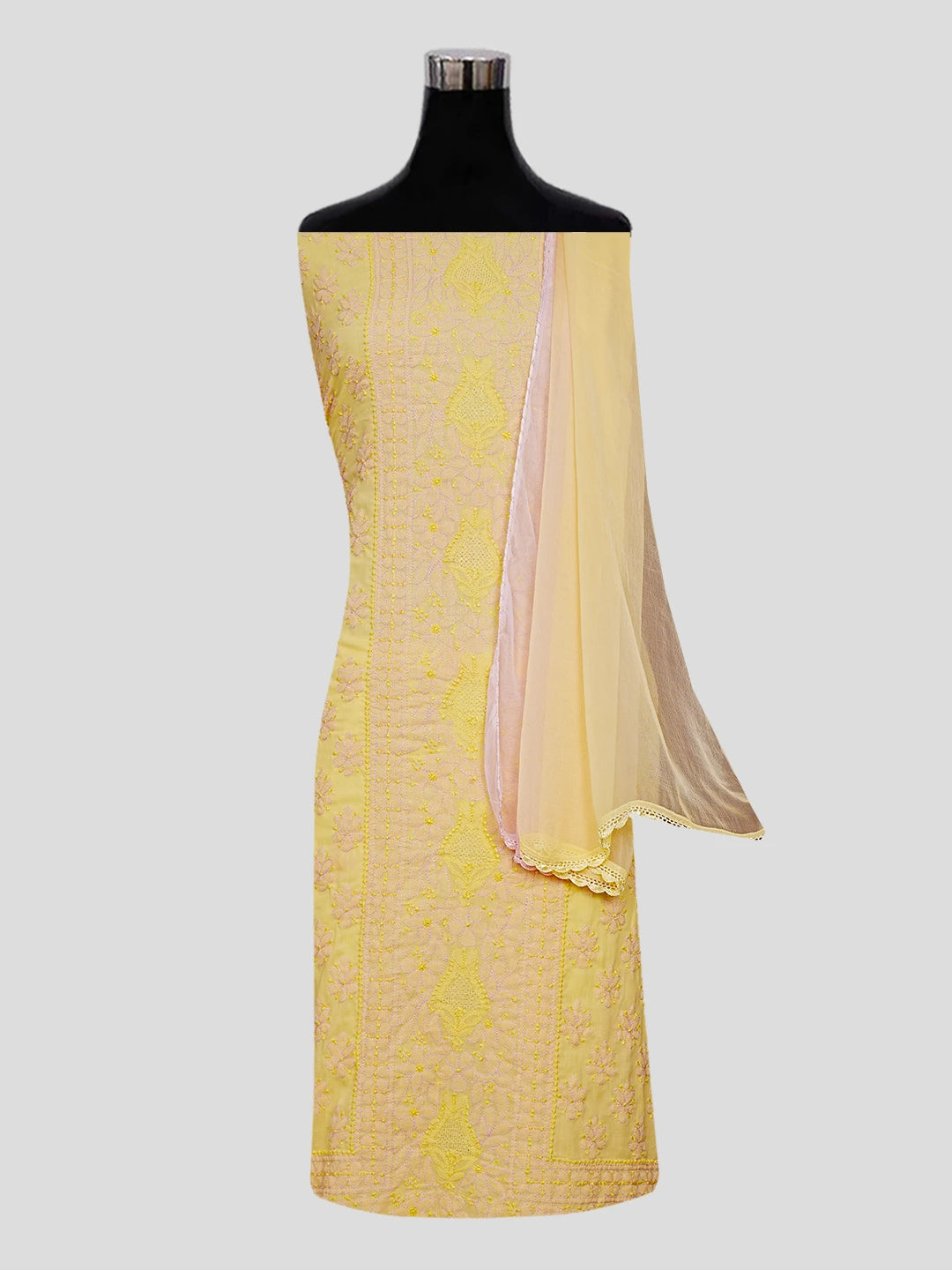Ada Hand Embroidered Lemon Yellow Cotton Lucknowi Chikankari Unstitched Suit Piece 01A550432