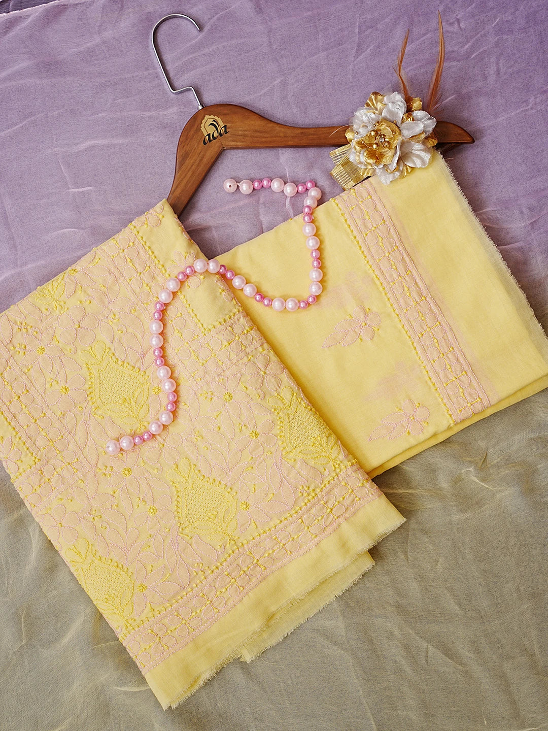 Ada Hand Embroidered Lemon Yellow Cotton Lucknowi Chikankari Unstitched Suit Piece 01A550432