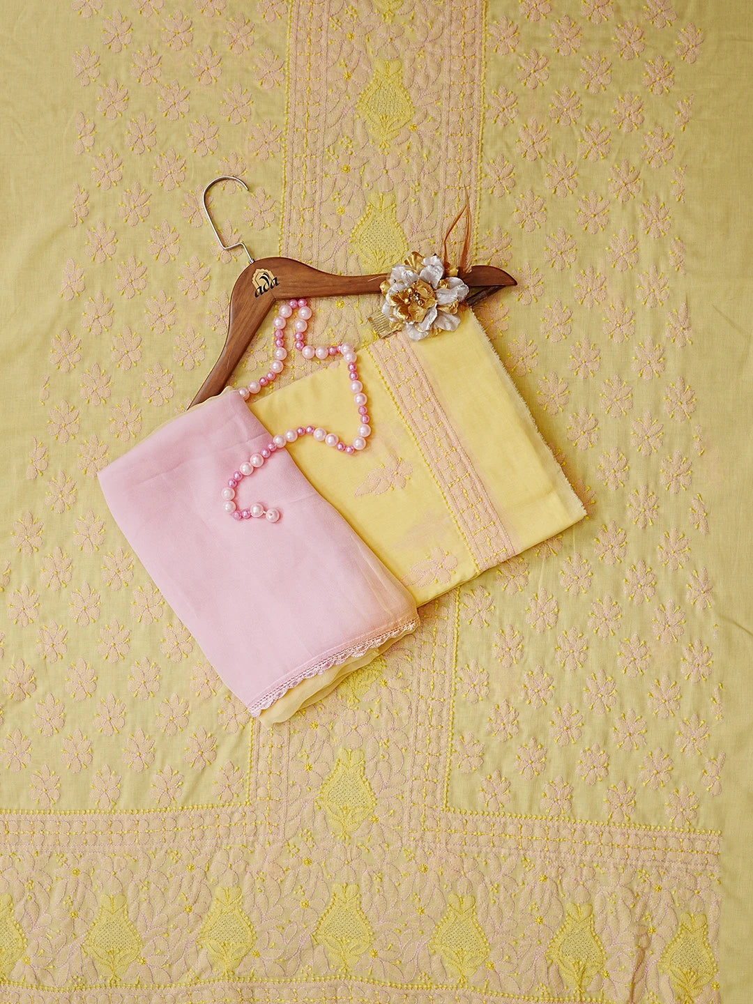 Ada Hand Embroidered Lemon Yellow Cotton Lucknowi Chikankari Unstitched Suit Piece 01A550432